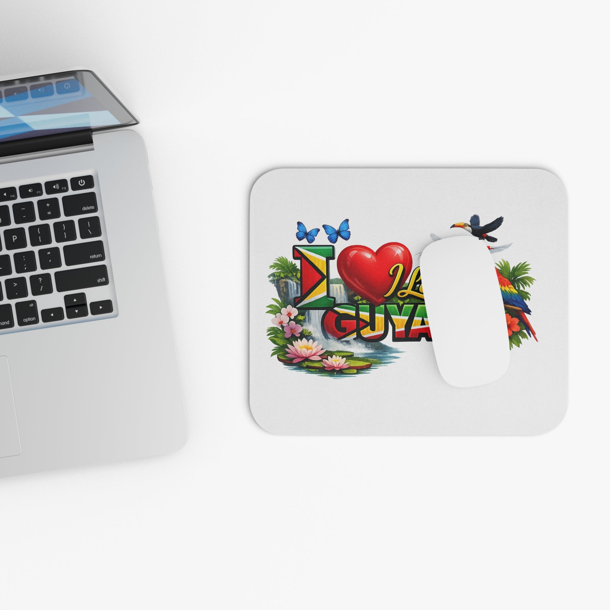 I Love Guyana Mouse Pad — Colorful Tropical Desk Mat with Parrots & Toucan