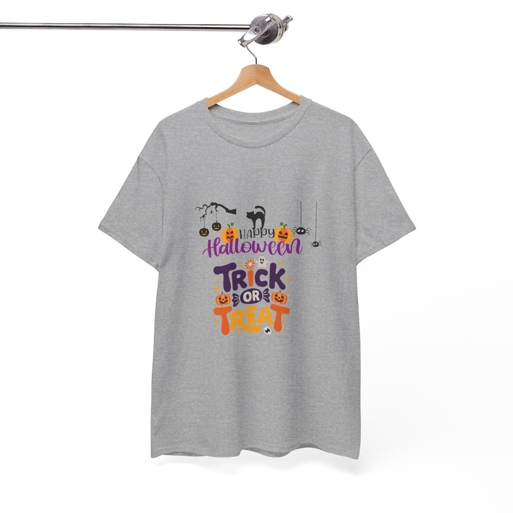 Halloween "Trick or Treat" T-Shirt — Cute Pumpkin, Cat & Spider Graphic Tee