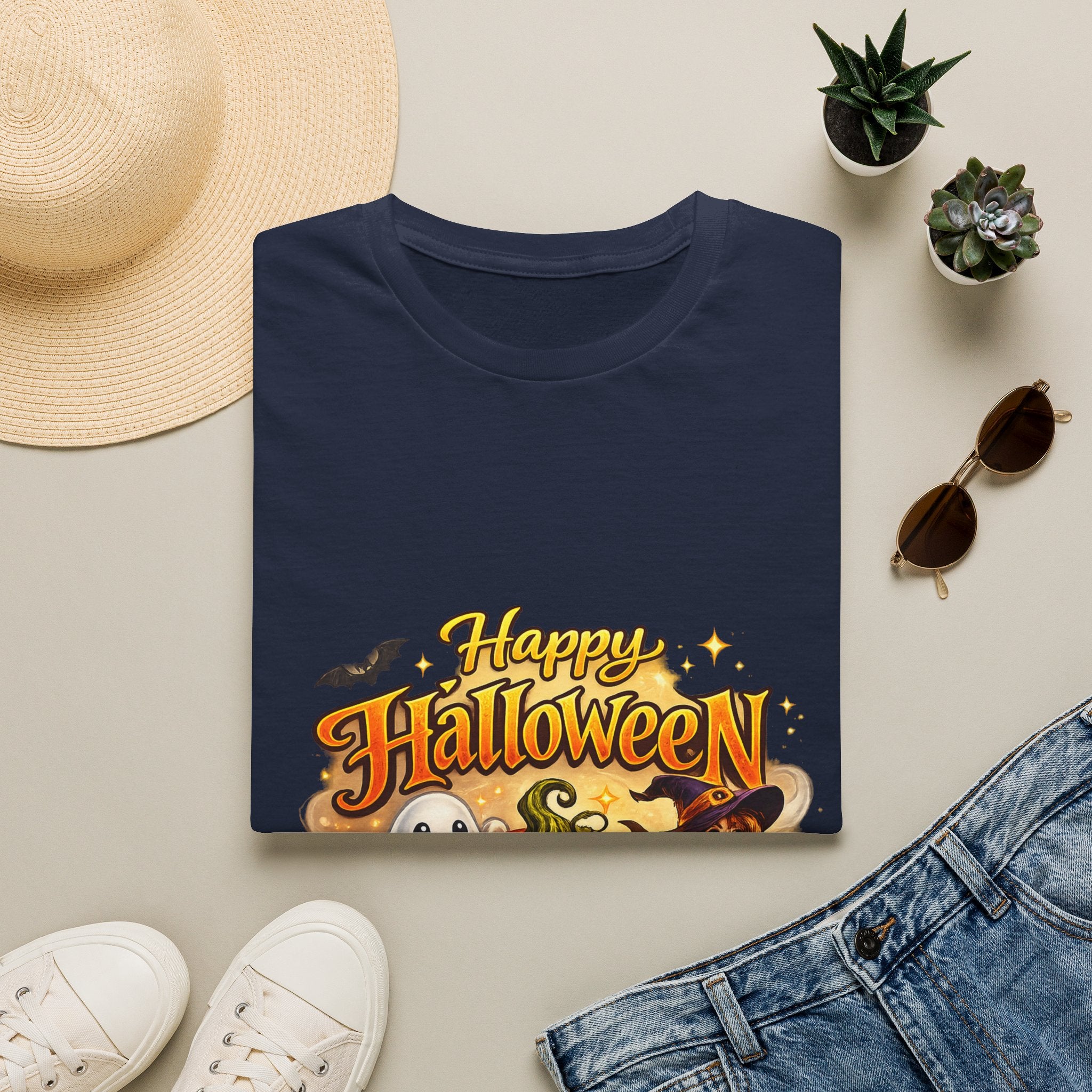 Halloween Witch and Ghost designs T-Shirt — "Happy Halloween" Pumpkin & Ghost Graphic