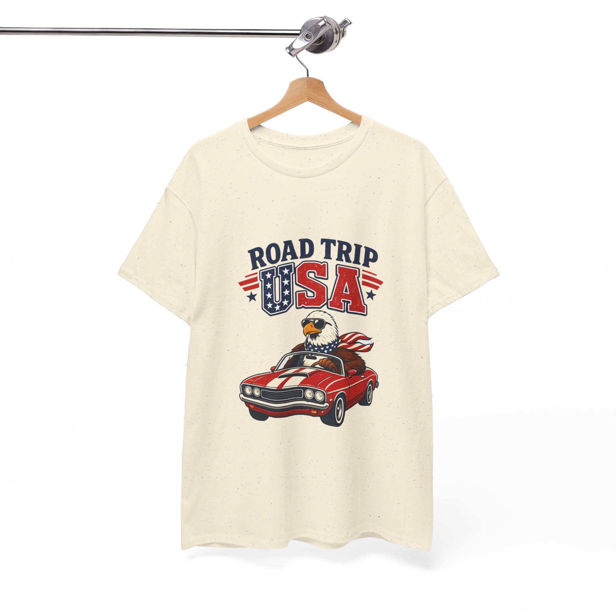 Road Trip USA T-Shirt — Patriotic Eagle Driving Classic Car Graphic Tee