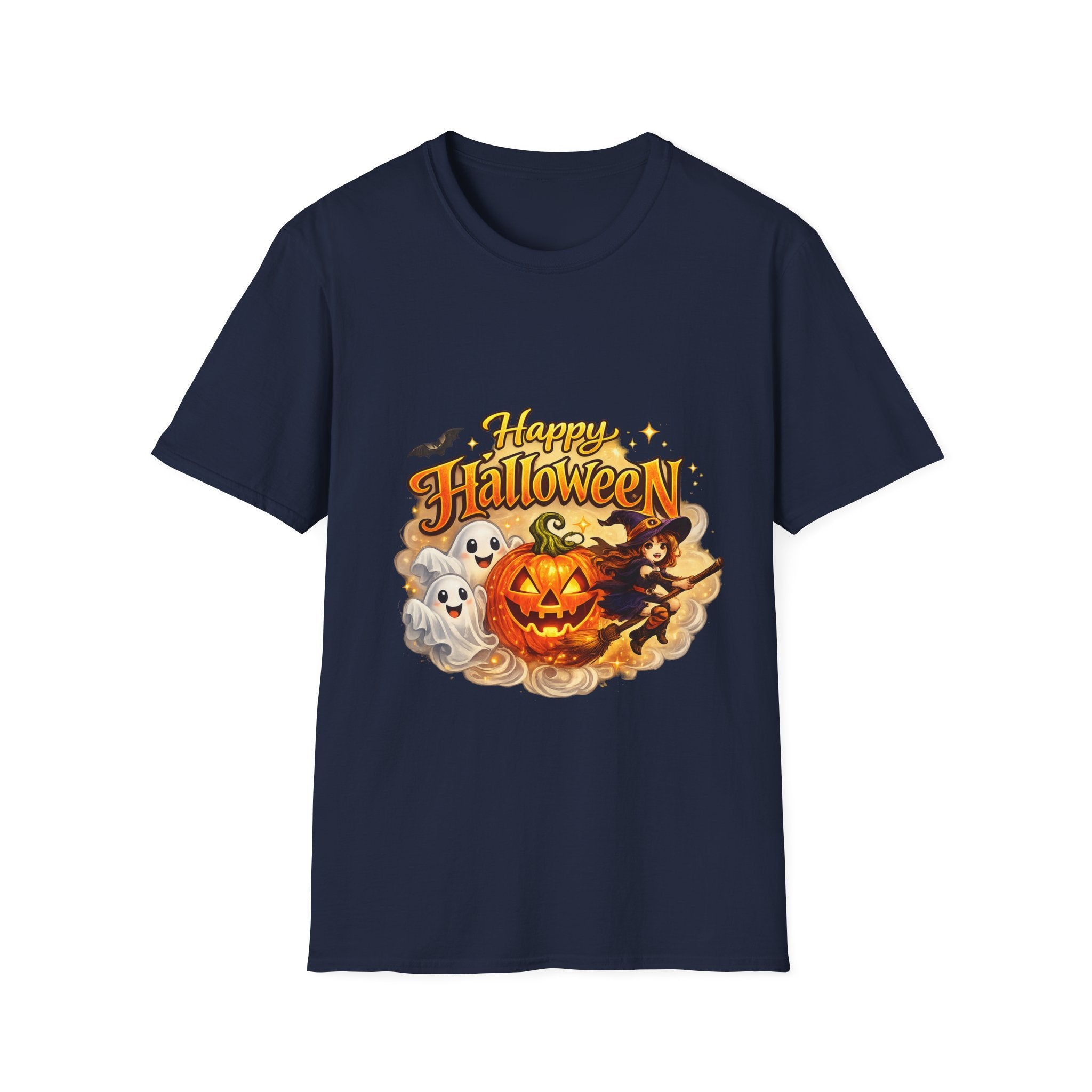 Halloween Witch and Ghost designs T-Shirt — "Happy Halloween" Pumpkin & Ghost Graphic