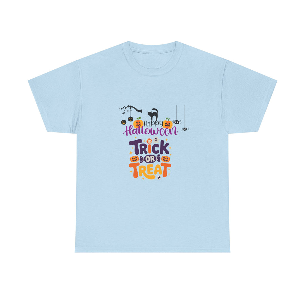 Halloween "Trick or Treat" T-Shirt — Cute Pumpkin, Cat & Spider Graphic Tee