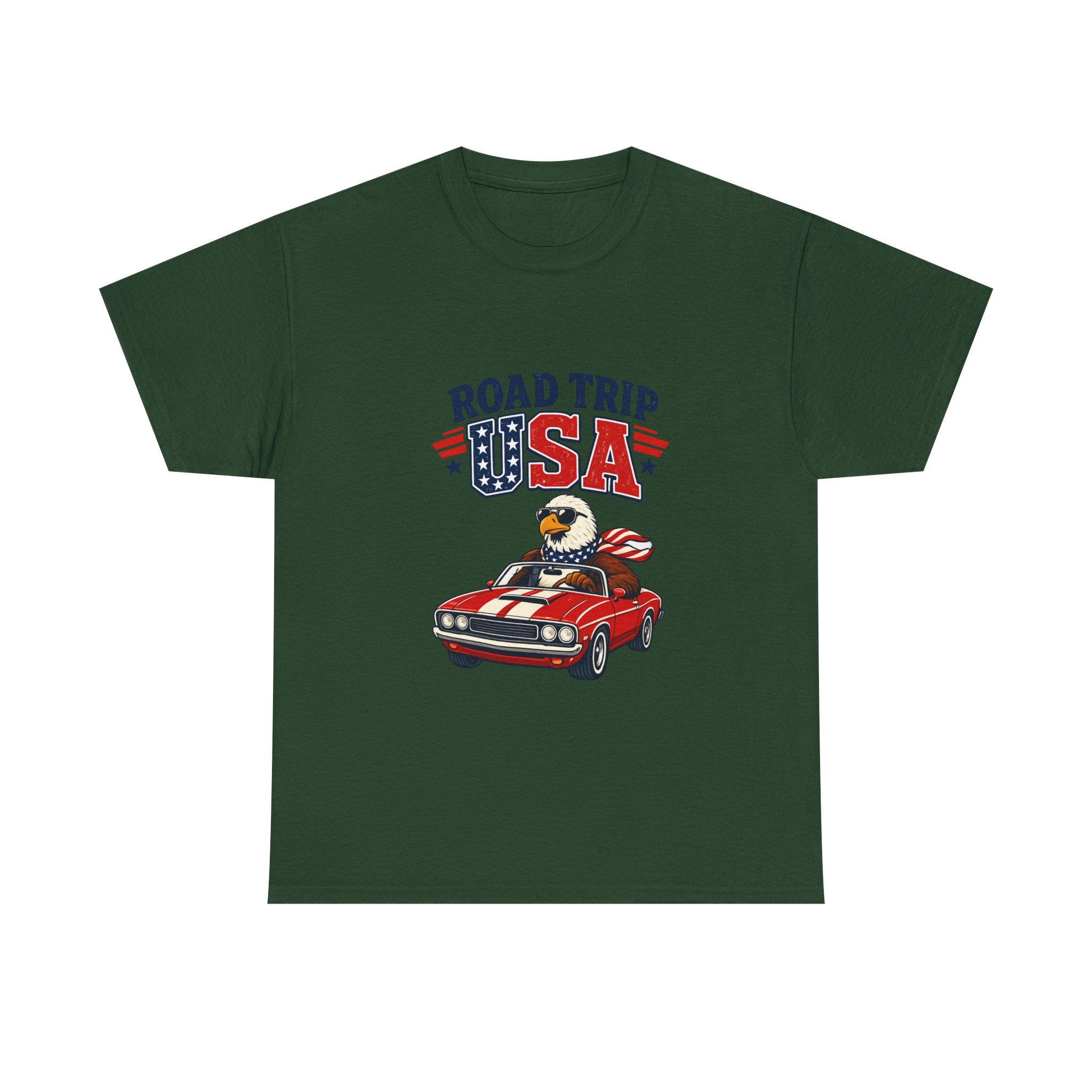 Road Trip USA T-Shirt — Patriotic Eagle Driving Classic Car Graphic Tee