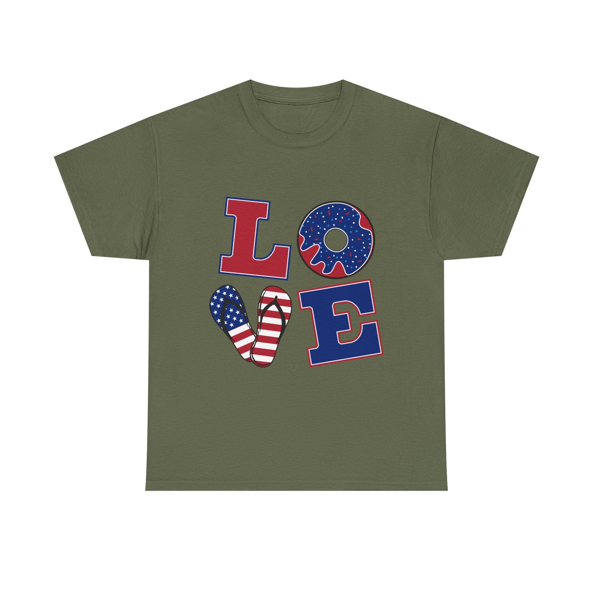 Patriotic LOVE T-Shirt — American Flag Donut & Flip-Flop Fourth of July Tee