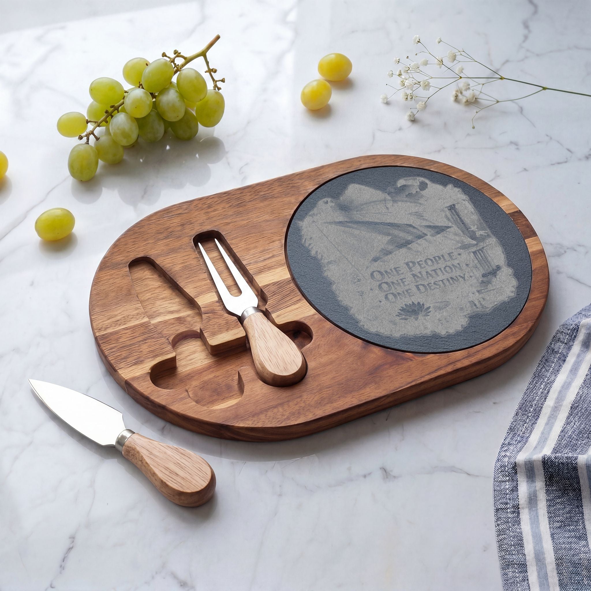 Engraved Acacia Charcuterie Board with Slate Insert & Cheese Tools