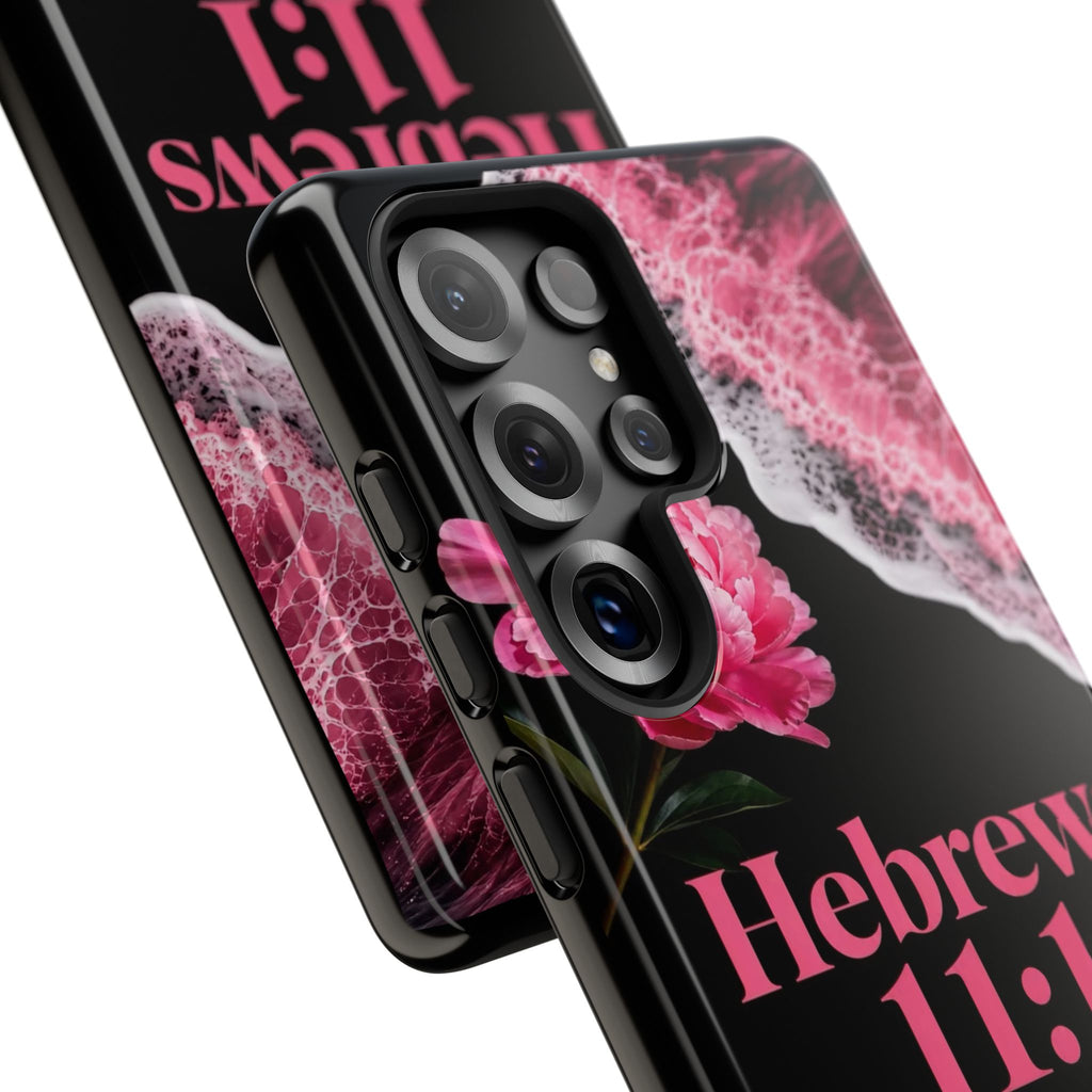 Bible Verses phone case -  Hebrews 11:1 Faith Phone Case — Pink Floral Scripture iPhone Cover