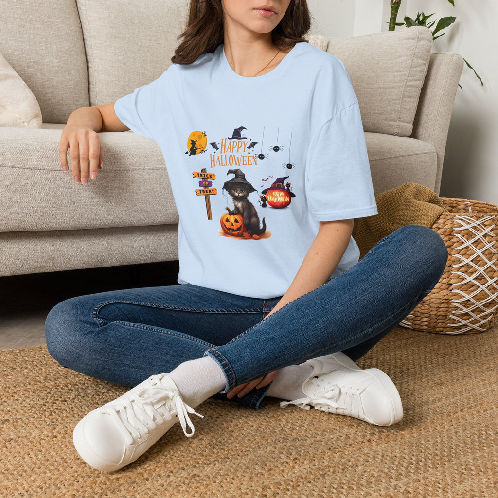 Happy Halloween Witch T-Shirt — Cute Pumpkin, Bats & Spooky Icons Tee