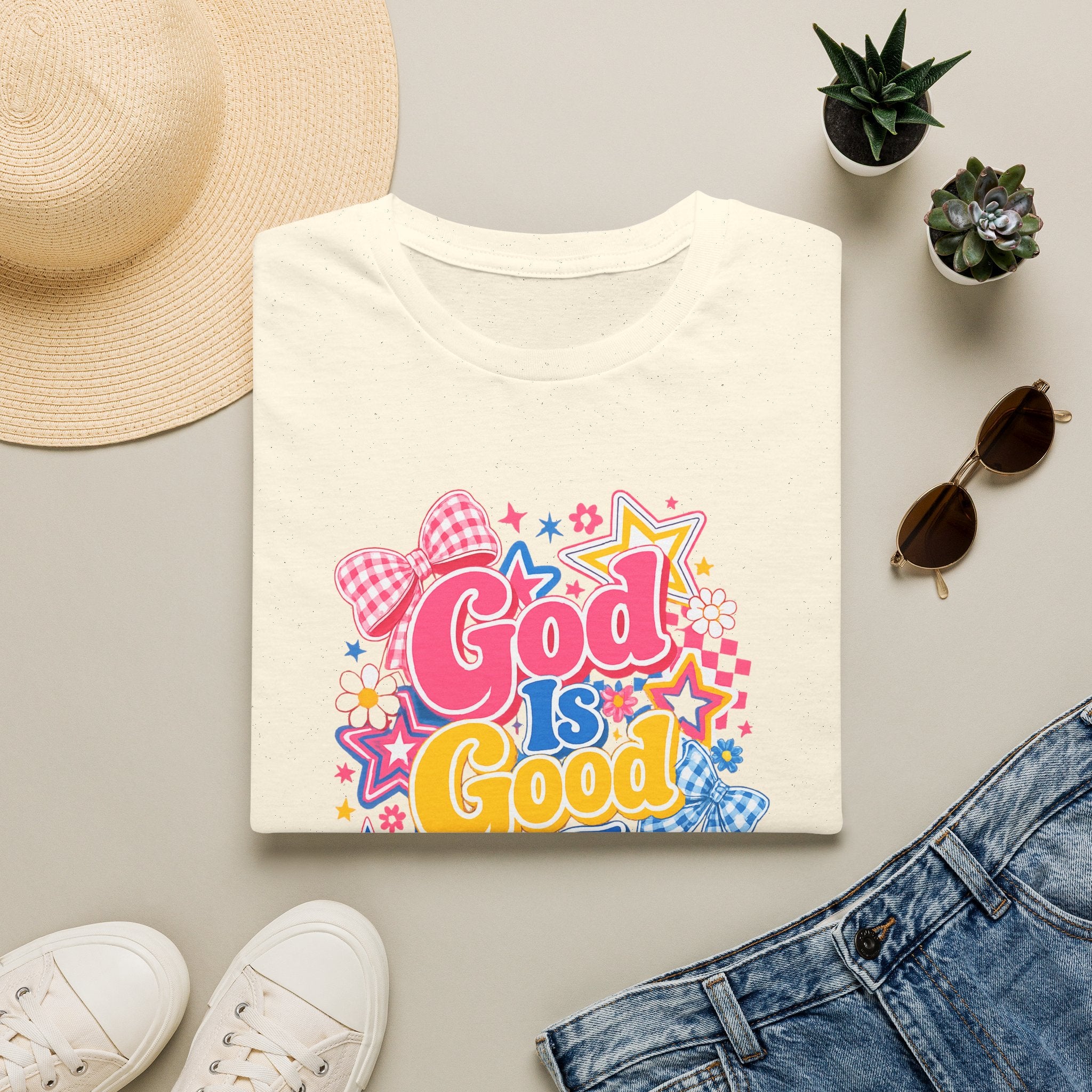 Inspirational vibes God Is Good T‑Shirt — Colorful Retro Faith Graphic Tee