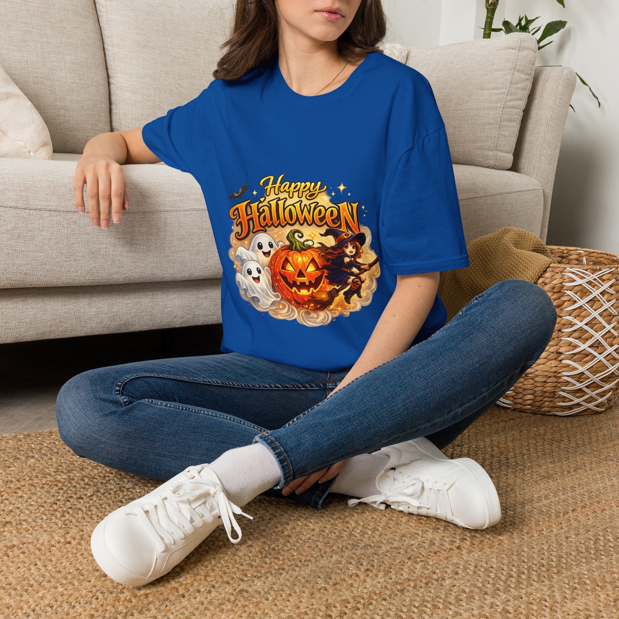 Halloween Witch and Ghost designs T-Shirt — "Happy Halloween" Pumpkin & Ghost Graphic