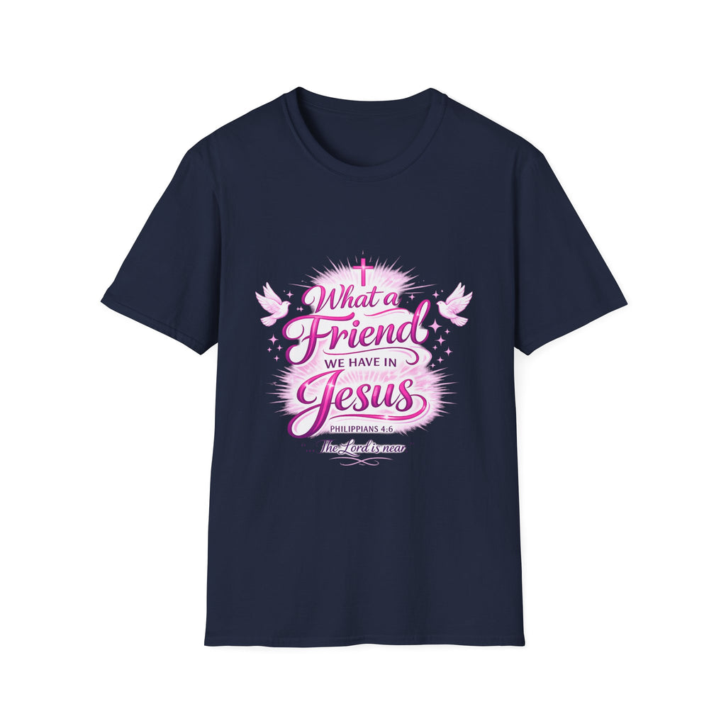 Christian T-Shirt — “What a Friend We Have in Jesus” Pink Faith Tee