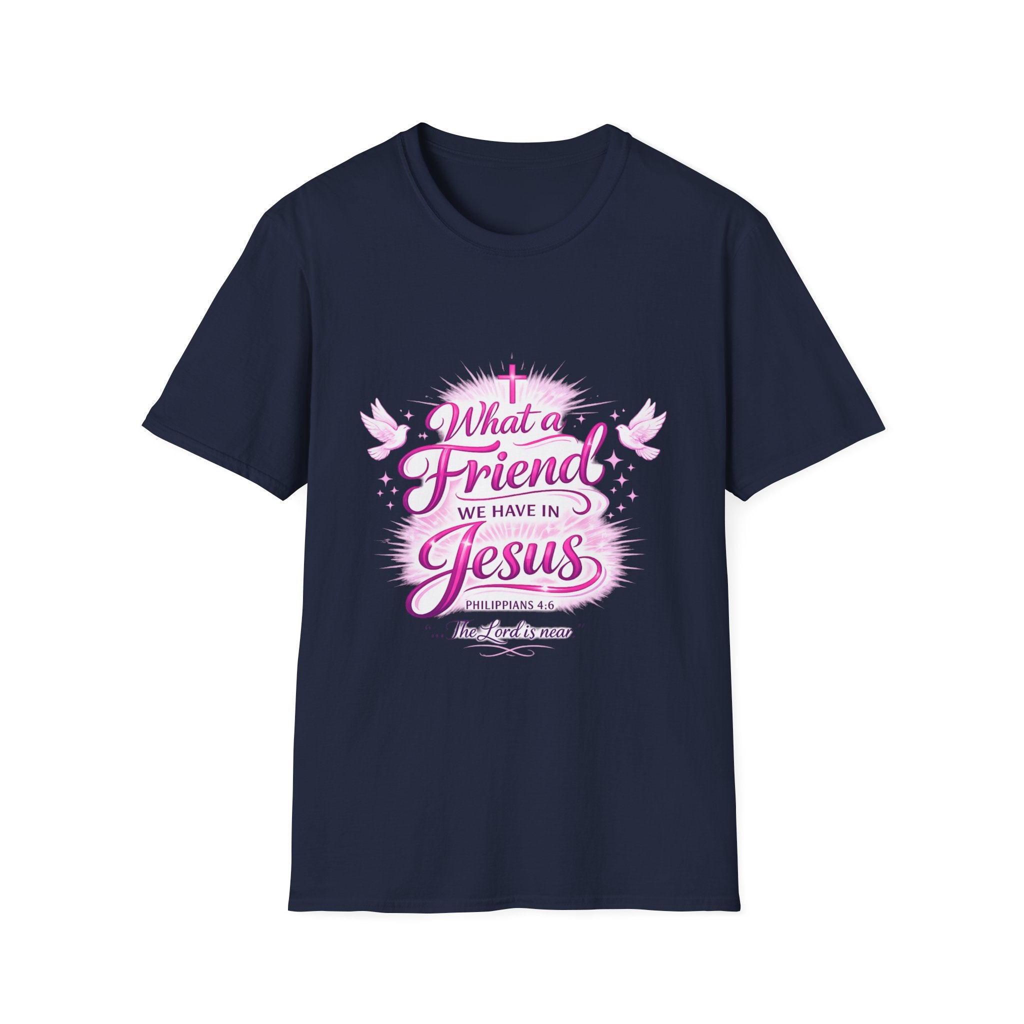 Christian T-Shirt — “What a Friend We Have in Jesus” Pink Faith Tee
