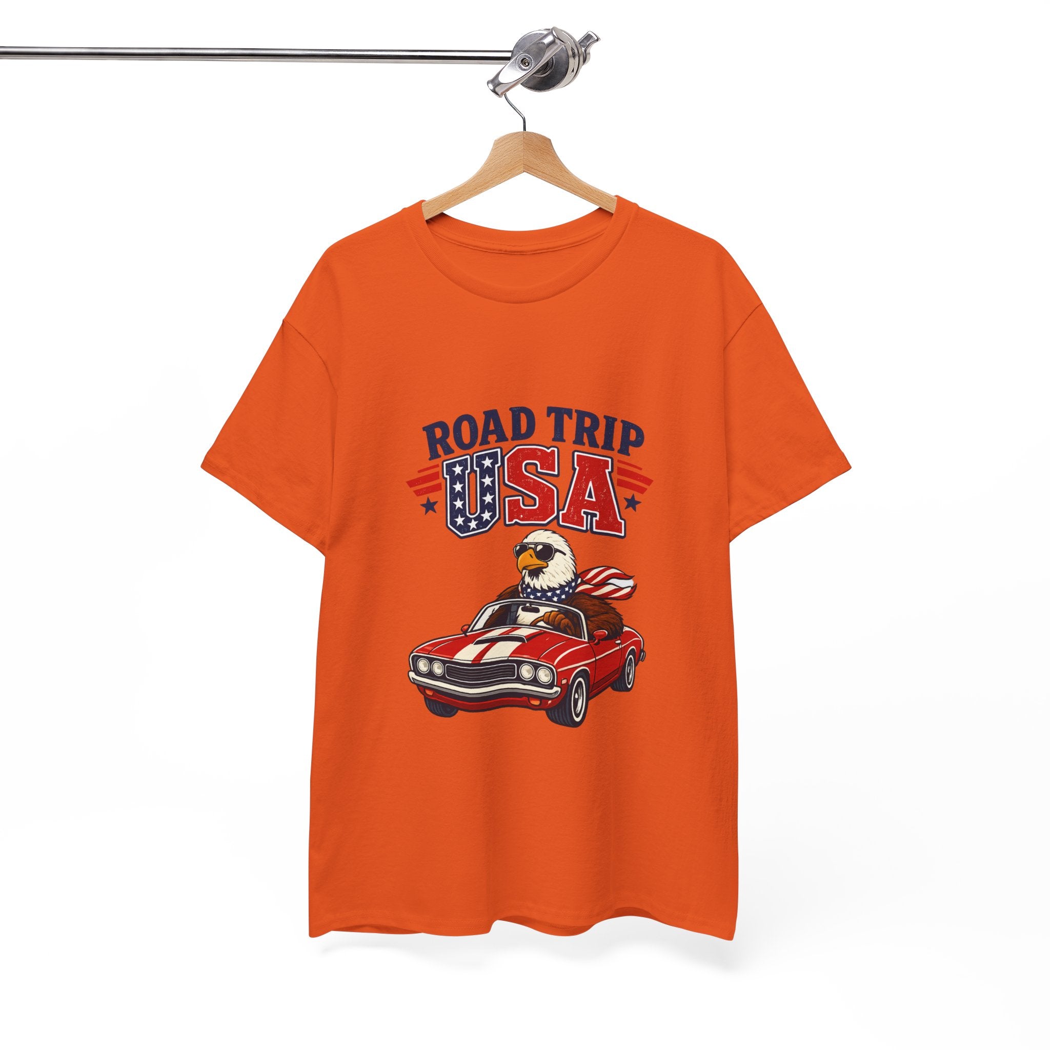 Road Trip USA T-Shirt — Patriotic Eagle Driving Classic Car Graphic Tee