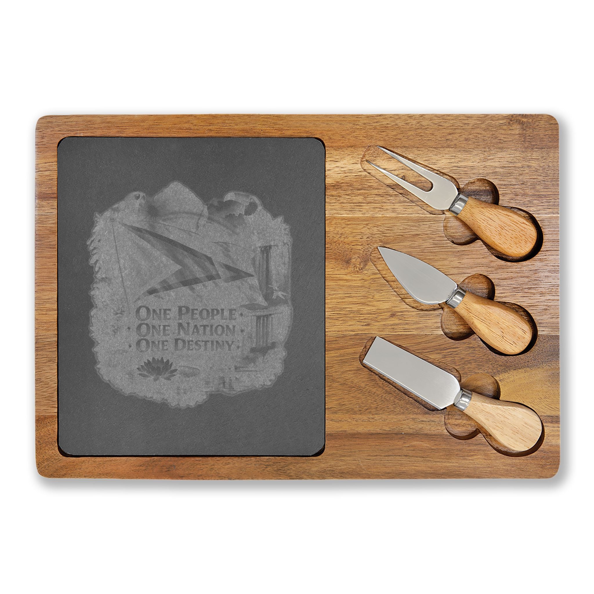 Engraved Acacia Charcuterie Board with Slate Insert & Cheese Tools