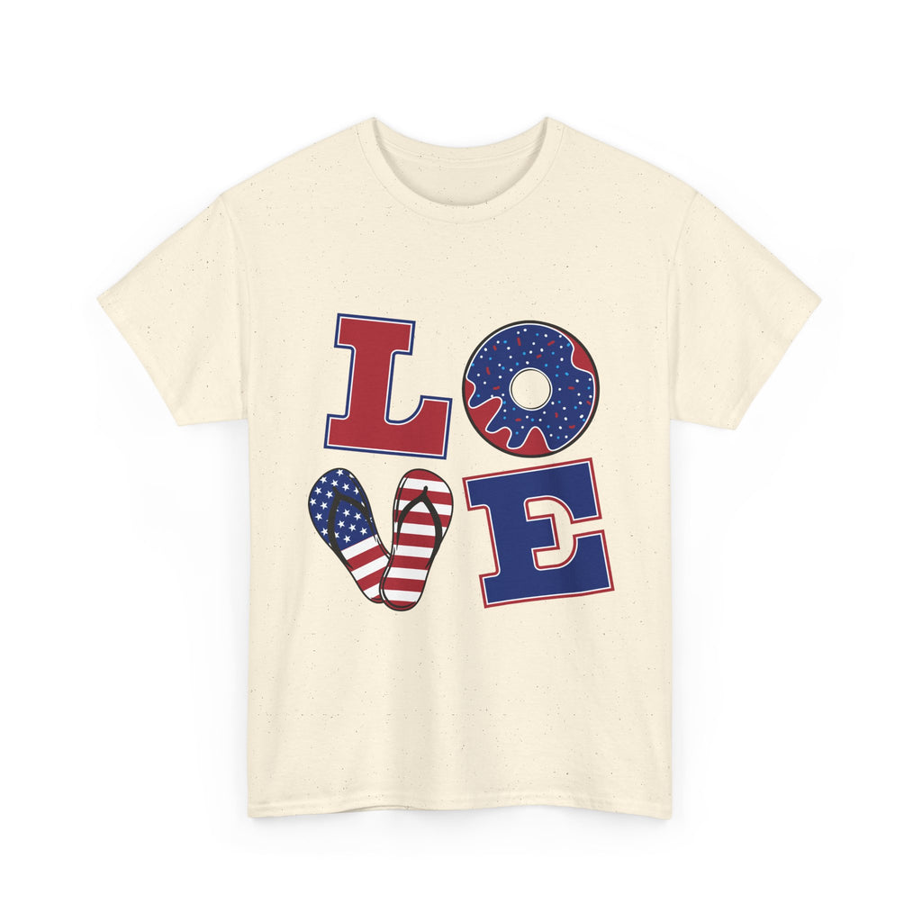 Patriotic LOVE T-Shirt — American Flag Donut & Flip-Flop Fourth of July Tee