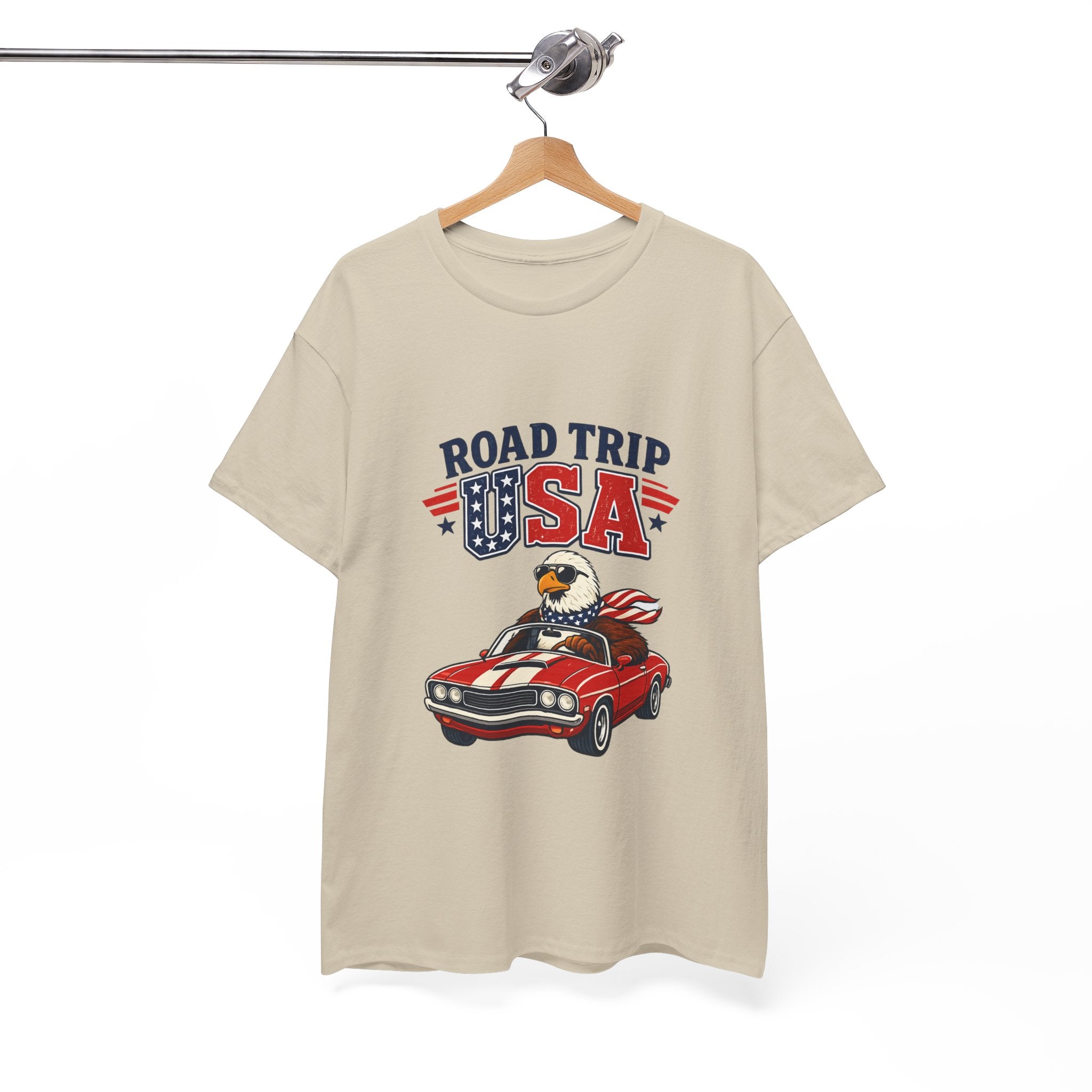 Road Trip USA T-Shirt — Patriotic Eagle Driving Classic Car Graphic Tee