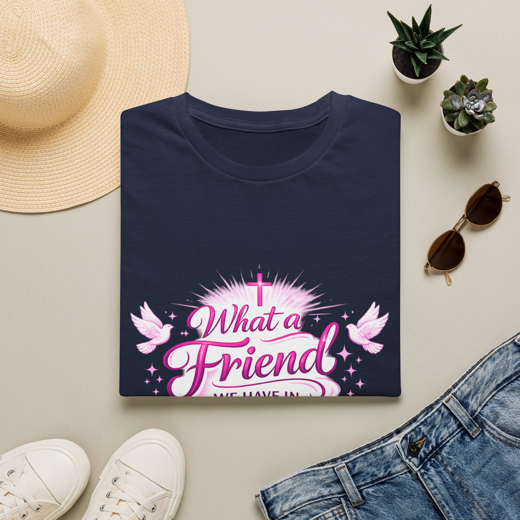Christian T-Shirt — “What a Friend We Have in Jesus” Pink Faith Tee
