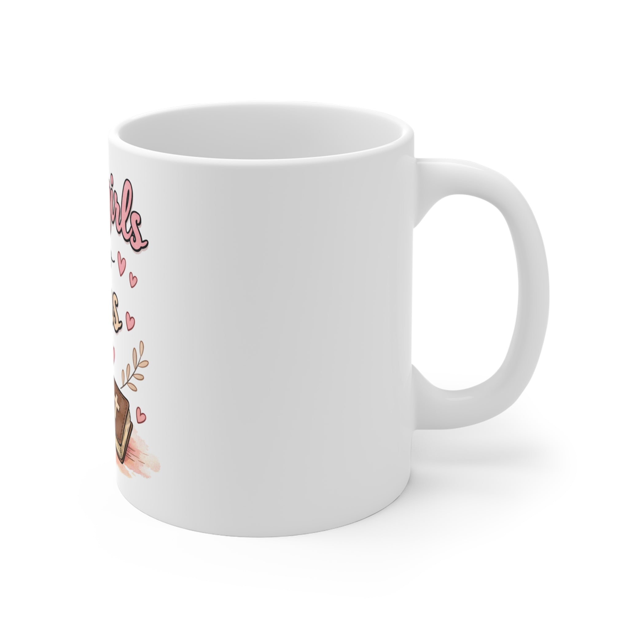 Pretty Girls Follow Jesus Mug — Cute Faith Coffee Cup with Bible & Hearts (11oz)