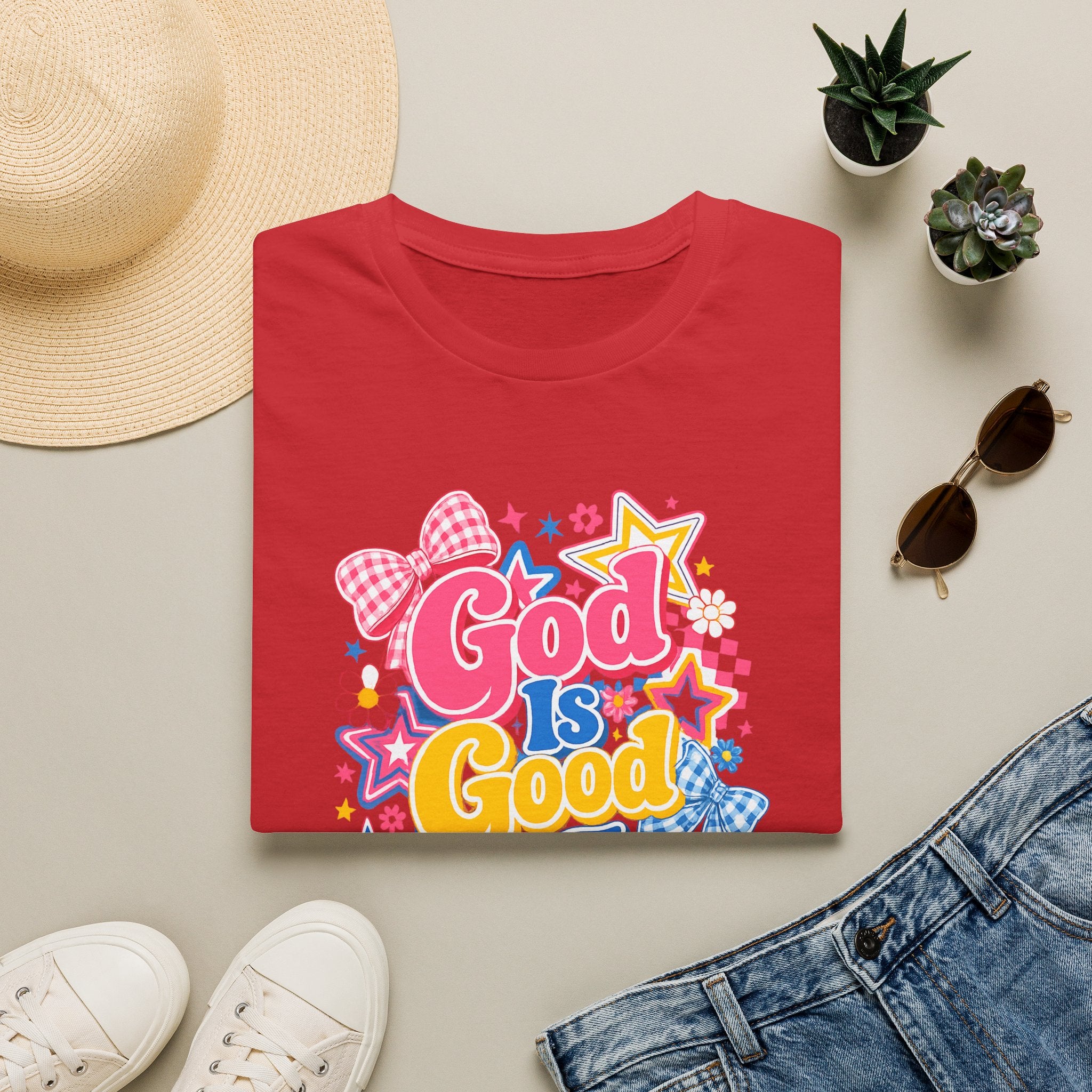 Inspirational vibes God Is Good T‑Shirt — Colorful Retro Faith Graphic Tee