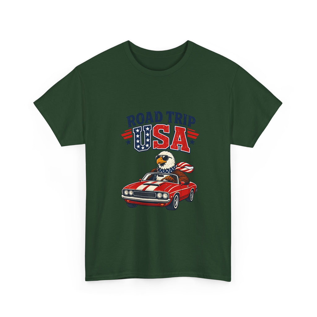Road Trip USA T-Shirt — Patriotic Eagle Driving Classic Car Graphic Tee