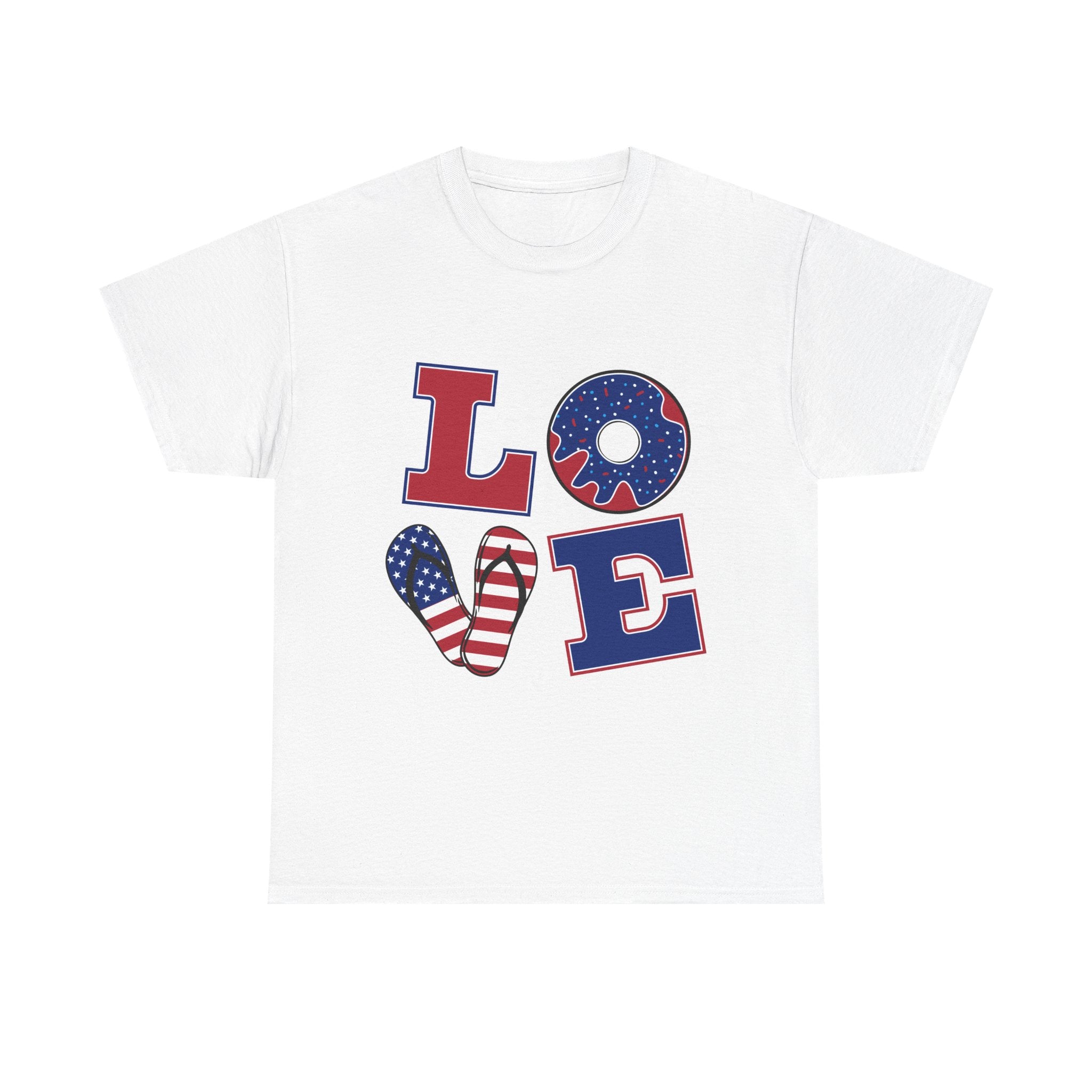 Patriotic LOVE T-Shirt — American Flag Donut & Flip-Flop Fourth of July Tee