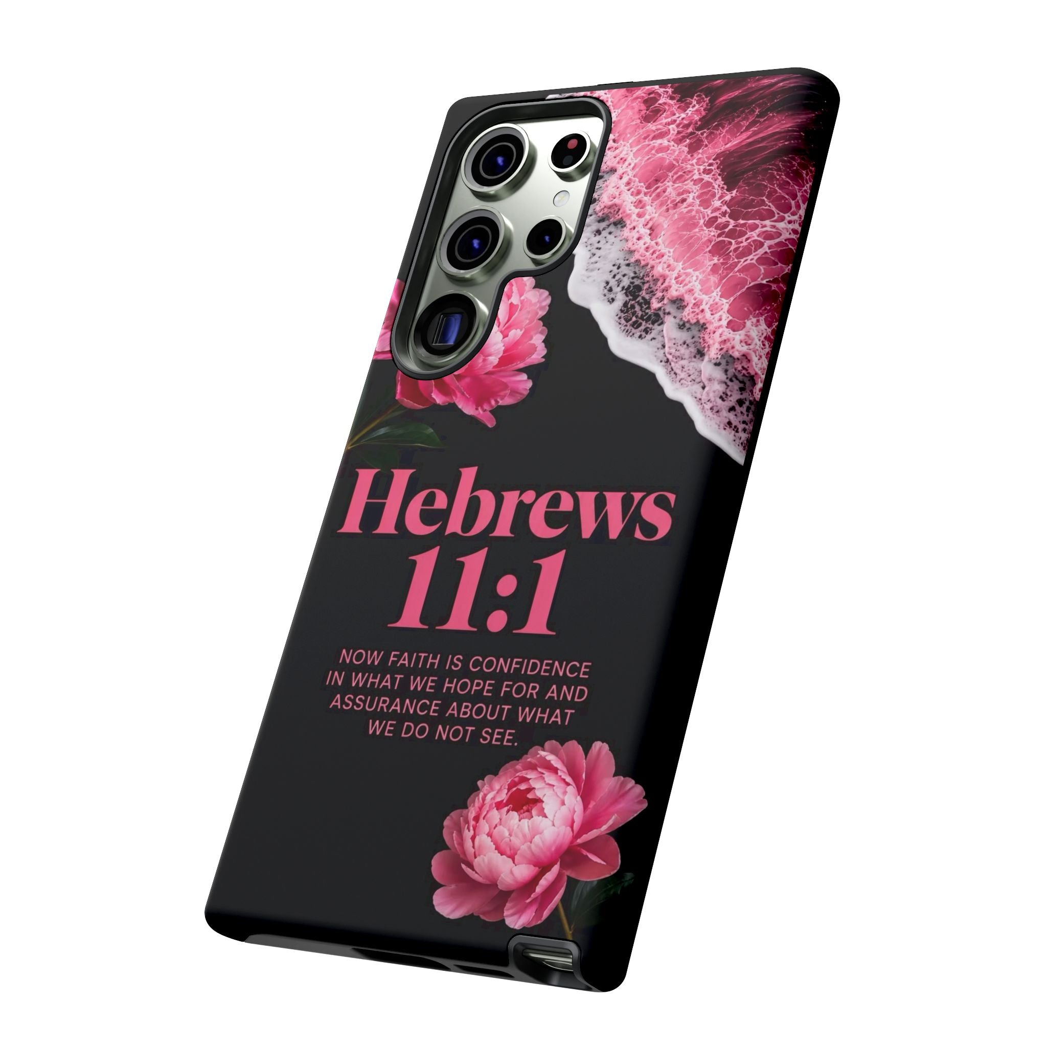 Bible Verses phone case -  Hebrews 11:1 Faith Phone Case — Pink Floral Scripture iPhone Cover