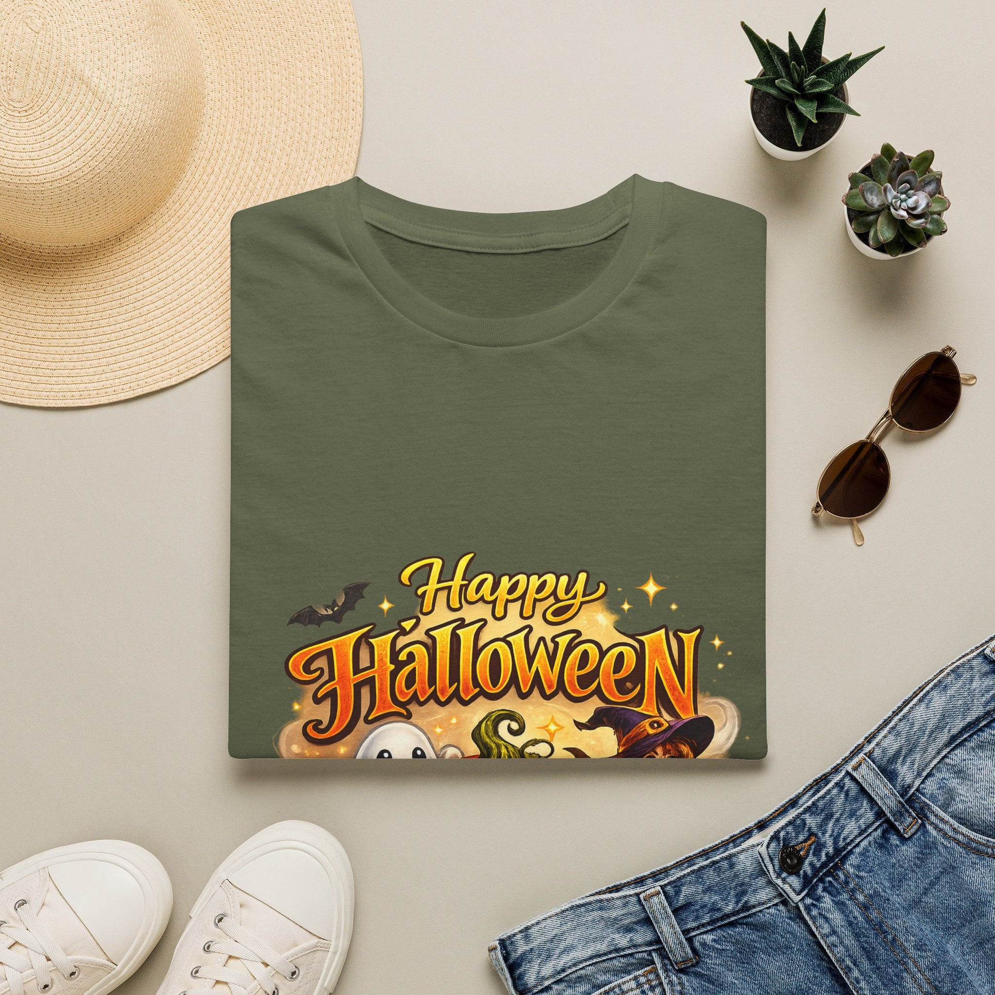Halloween Witch and Ghost designs T-Shirt — "Happy Halloween" Pumpkin & Ghost Graphic