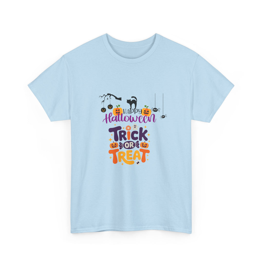 Halloween "Trick or Treat" T-Shirt — Cute Pumpkin, Cat & Spider Graphic Tee