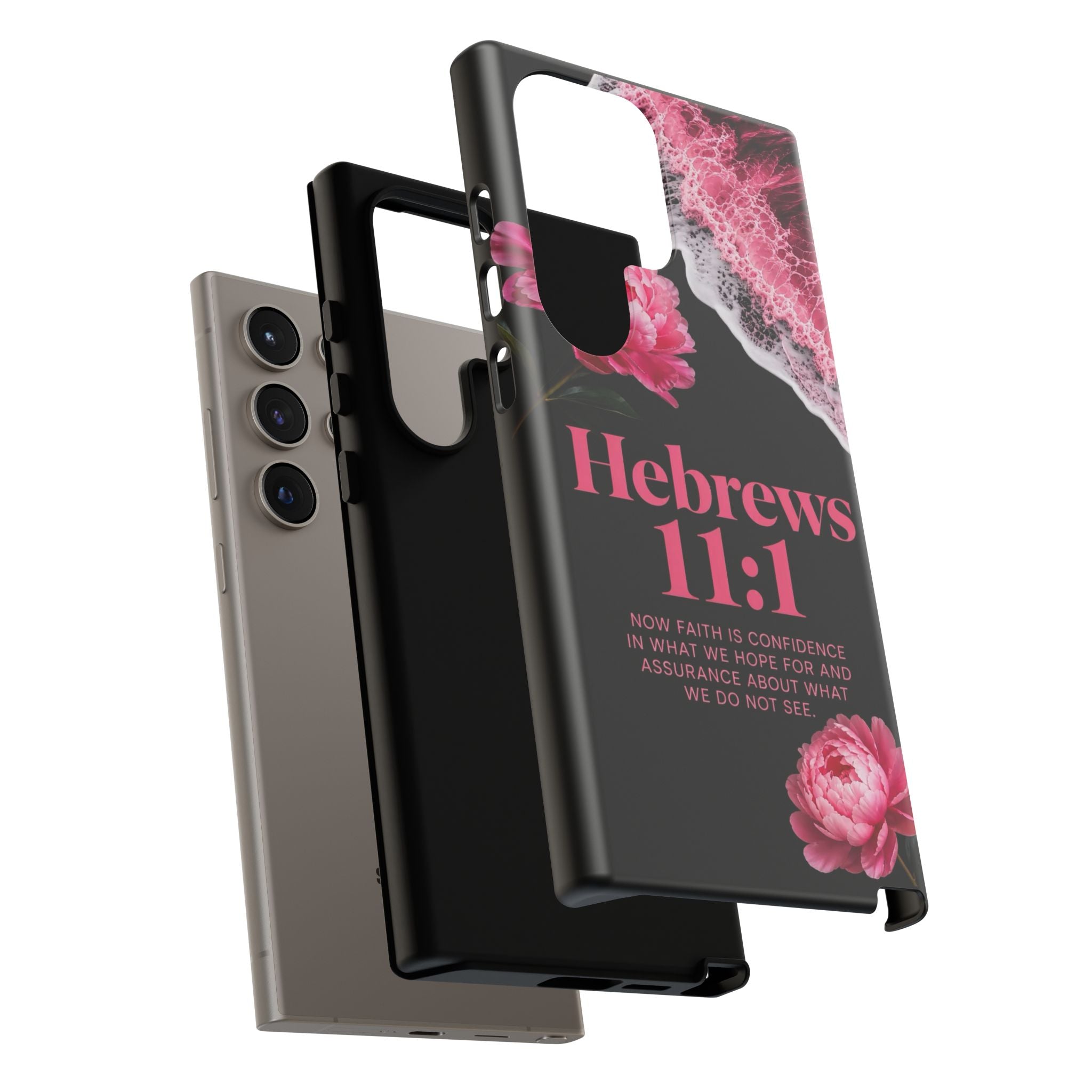 Bible Verses phone case -  Hebrews 11:1 Faith Phone Case — Pink Floral Scripture iPhone Cover