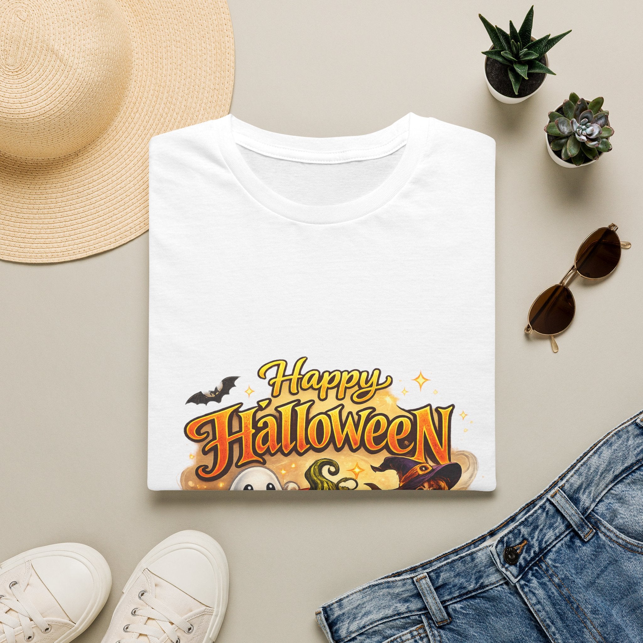 Halloween Witch and Ghost designs T-Shirt — "Happy Halloween" Pumpkin & Ghost Graphic