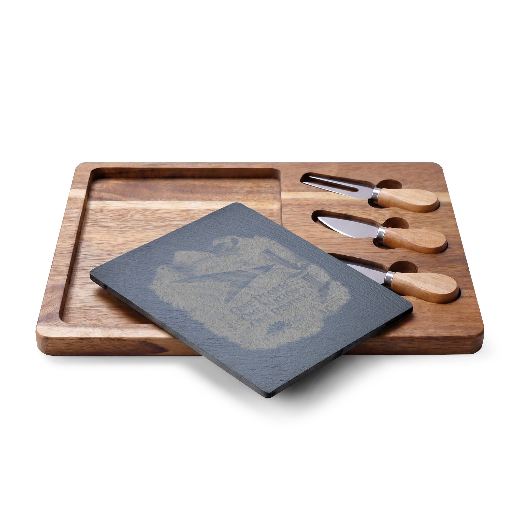 Engraved Acacia Charcuterie Board with Slate Insert & Cheese Tools