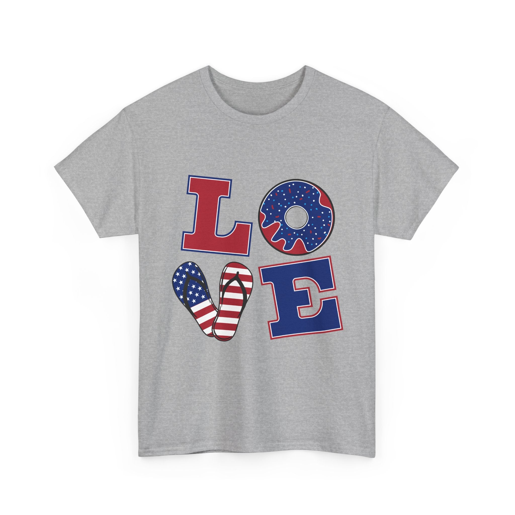 Patriotic LOVE T-Shirt — American Flag Donut & Flip-Flop Fourth of July Tee