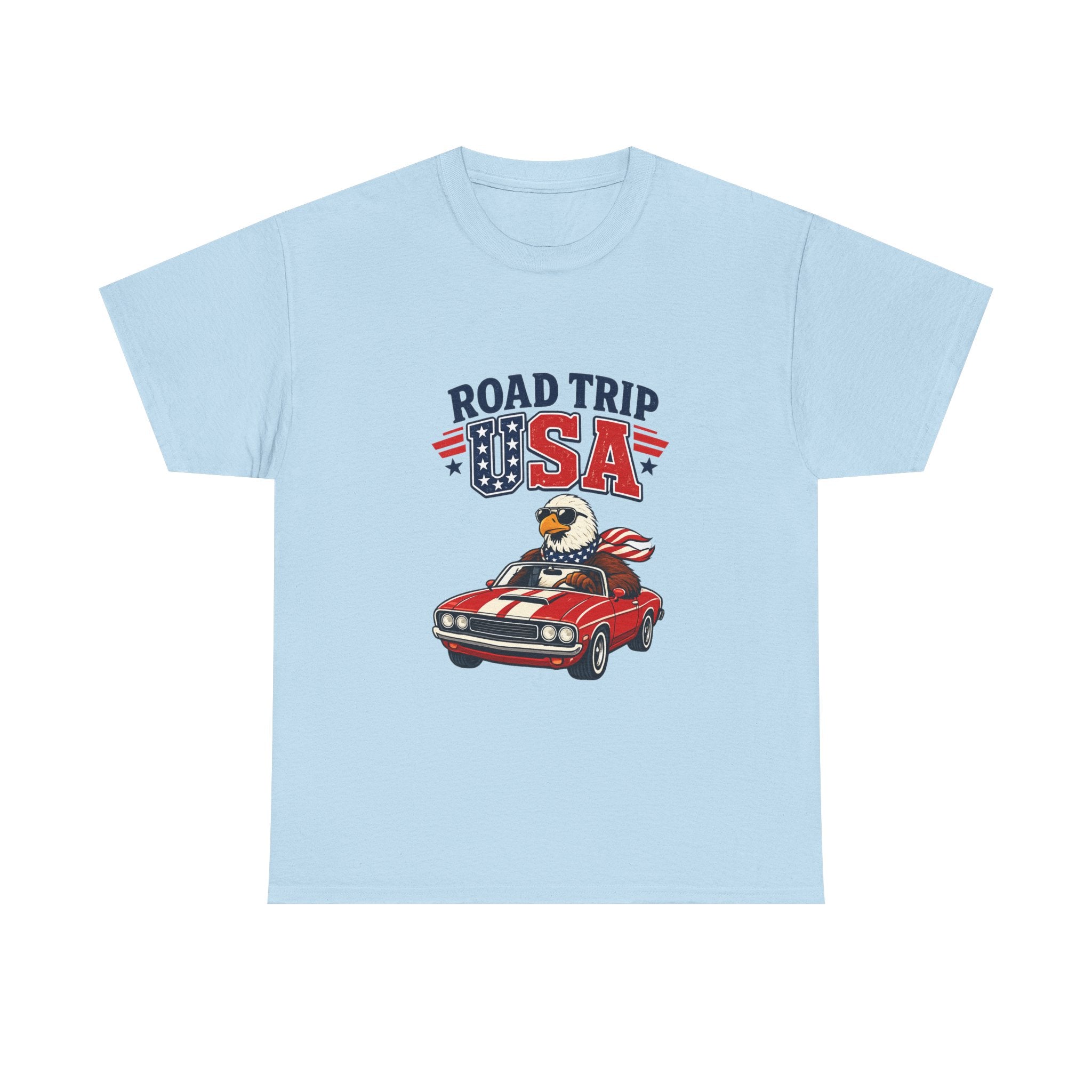 Road Trip USA T-Shirt — Patriotic Eagle Driving Classic Car Graphic Tee
