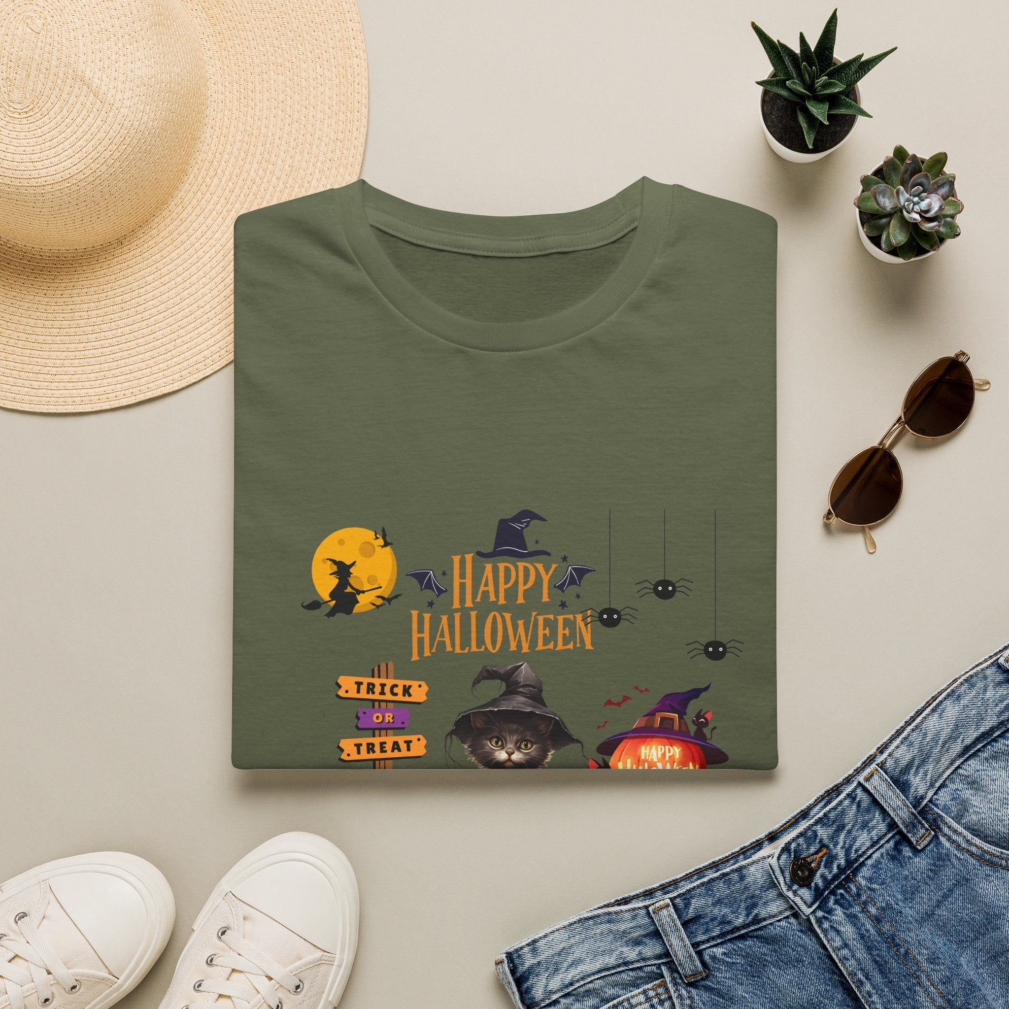 Happy Halloween Witch T-Shirt — Cute Pumpkin, Bats & Spooky Icons Tee