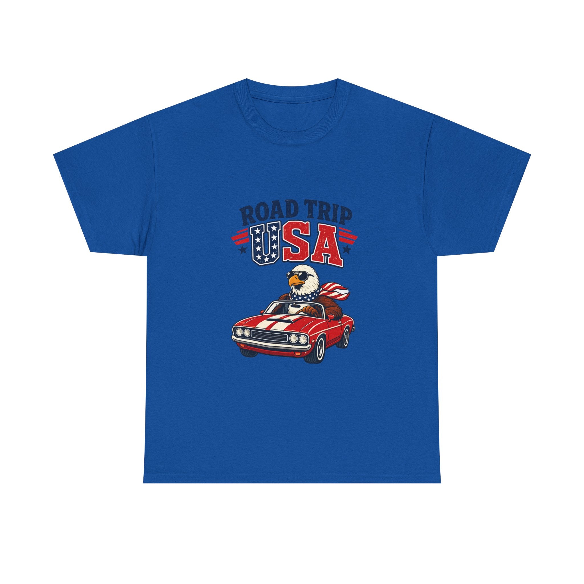 Road Trip USA T-Shirt — Patriotic Eagle Driving Classic Car Graphic Tee