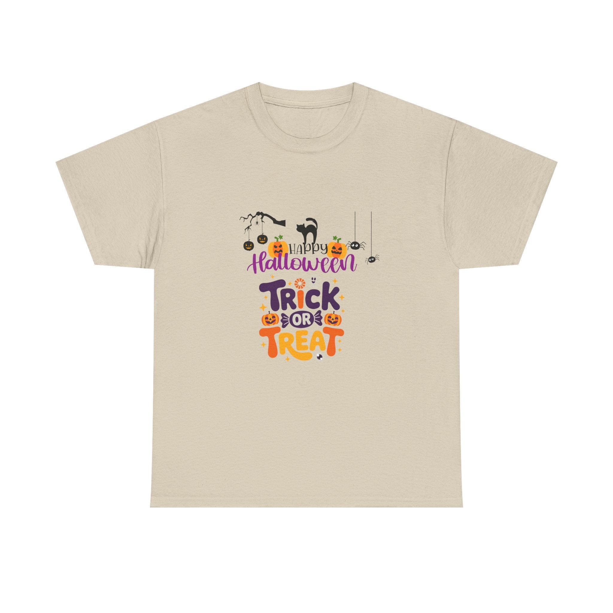Halloween "Trick or Treat" T-Shirt — Cute Pumpkin, Cat & Spider Graphic Tee