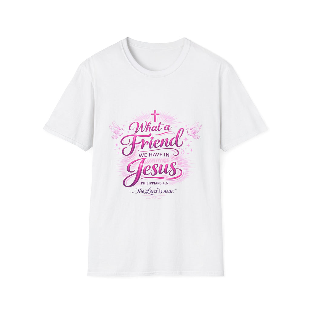 Christian T-Shirt — “What a Friend We Have in Jesus” Pink Faith Tee