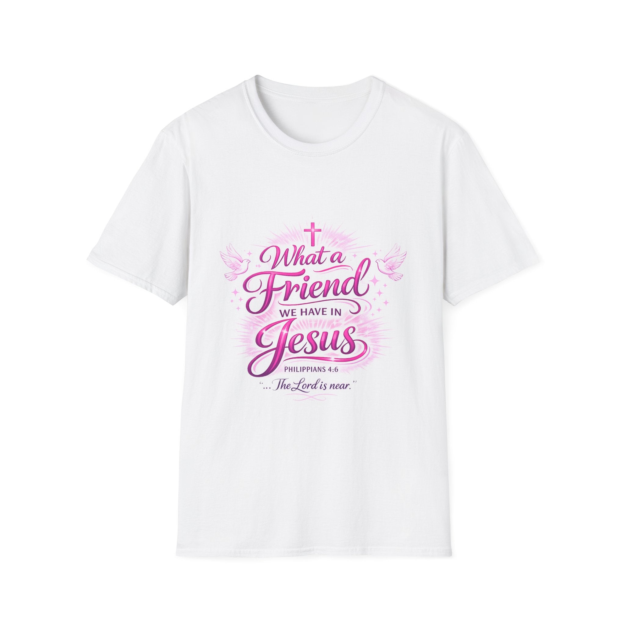 Christian T-Shirt — “What a Friend We Have in Jesus” Pink Faith Tee