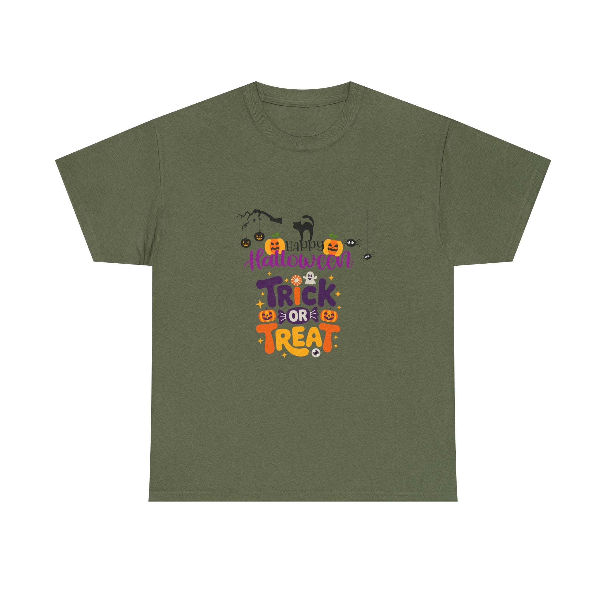 Halloween "Trick or Treat" T-Shirt — Cute Pumpkin, Cat & Spider Graphic Tee