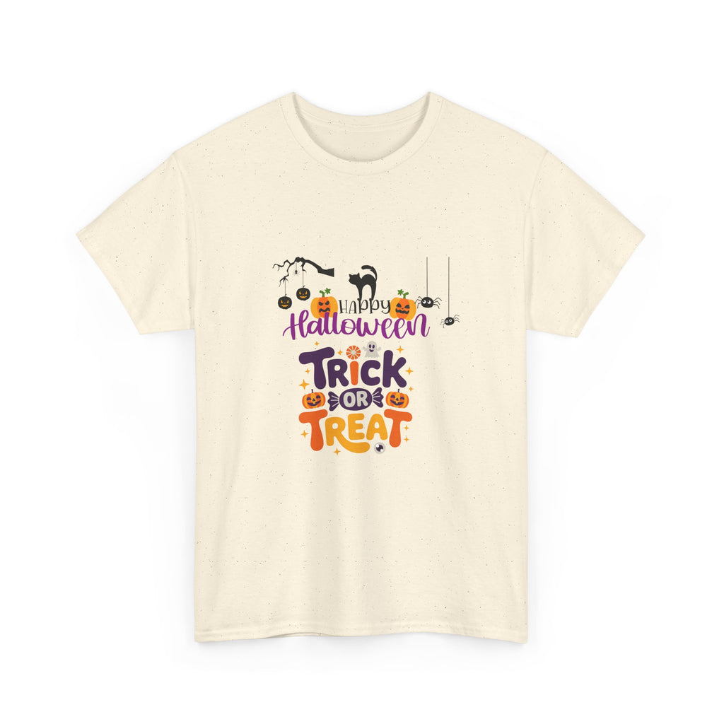 Halloween "Trick or Treat" T-Shirt — Cute Pumpkin, Cat & Spider Graphic Tee