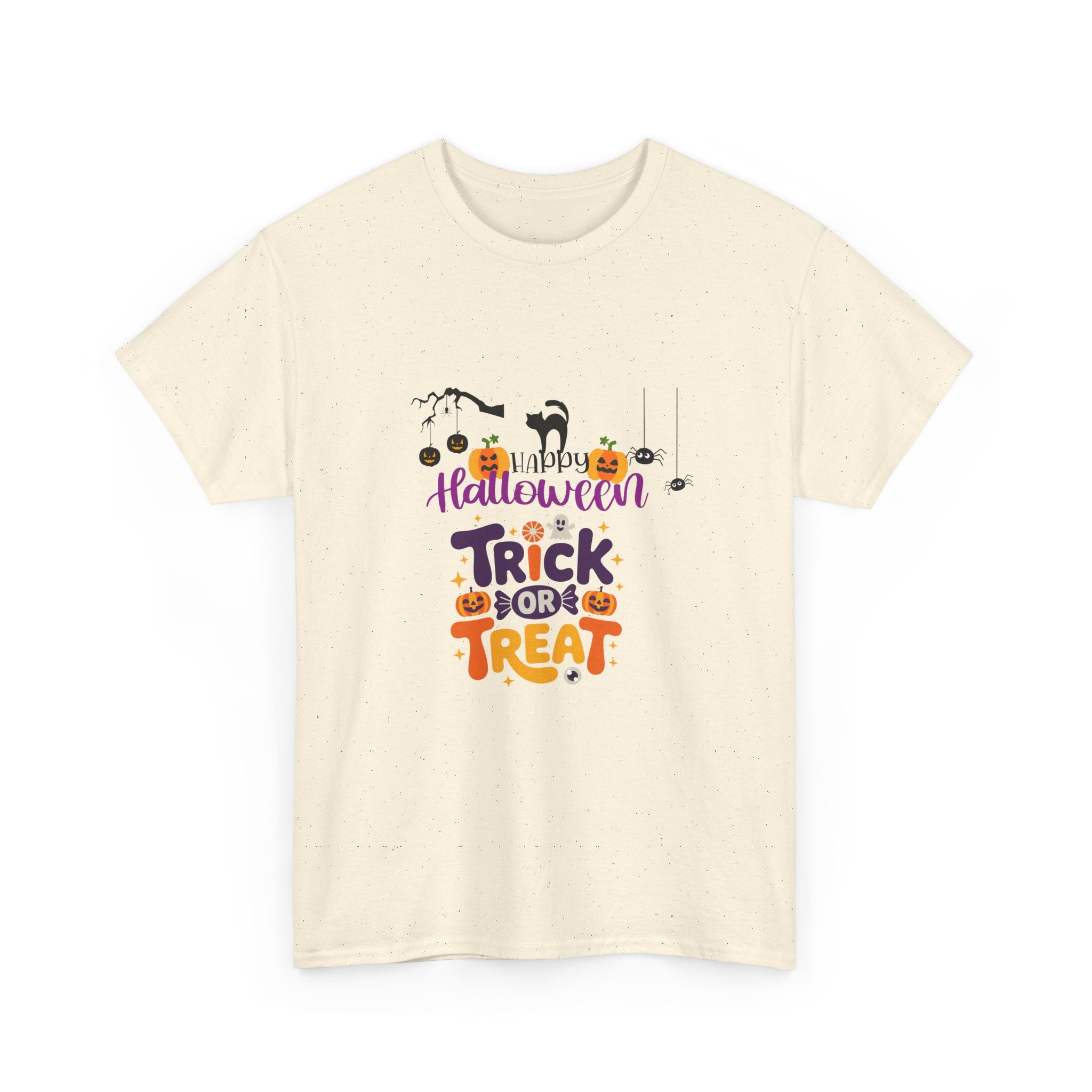 Halloween "Trick or Treat" T-Shirt — Cute Pumpkin, Cat & Spider Graphic Tee