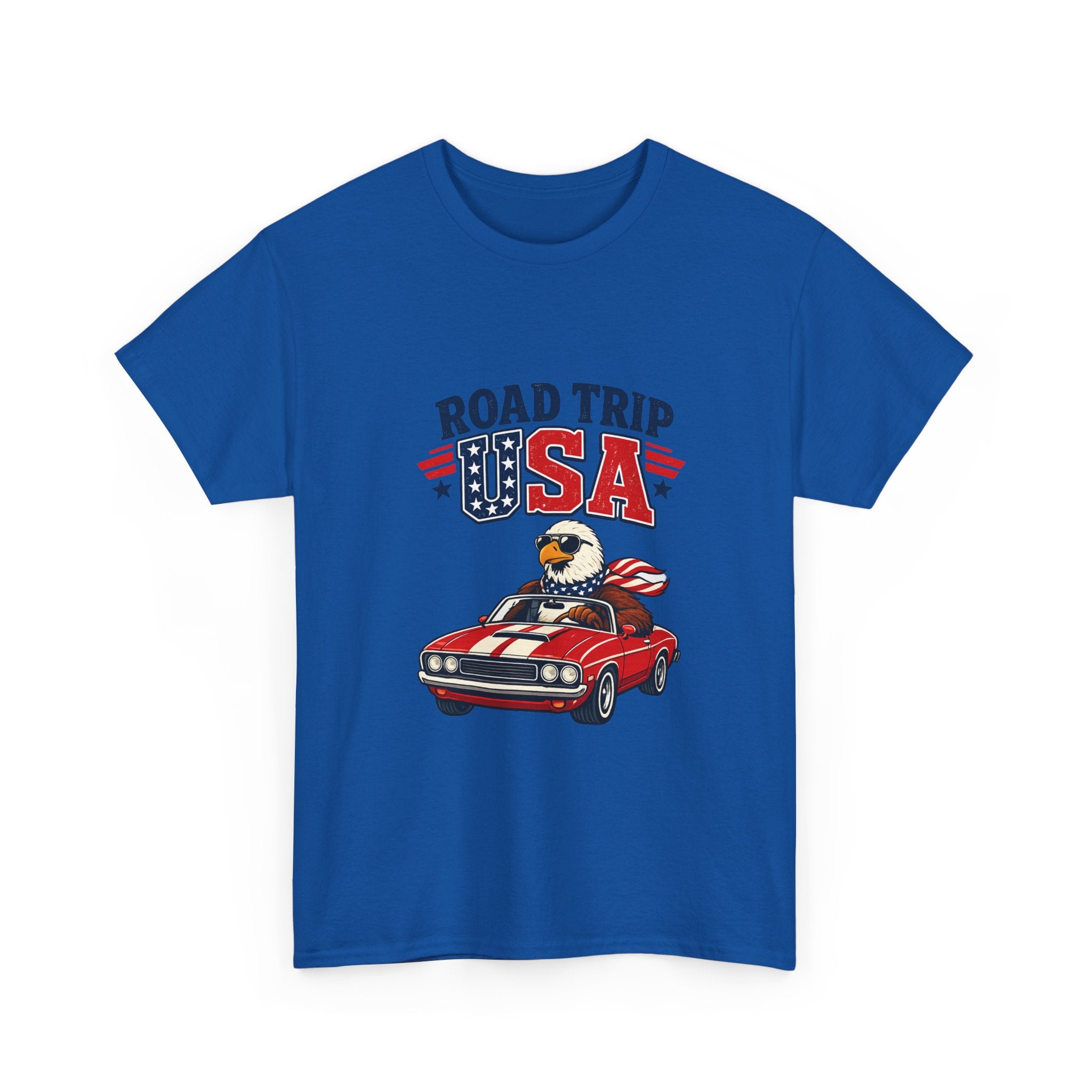 Road Trip USA T-Shirt — Patriotic Eagle Driving Classic Car Graphic Tee