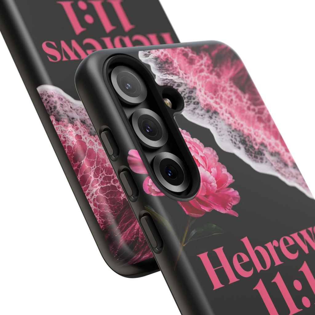 Bible Verses phone case -  Hebrews 11:1 Faith Phone Case — Pink Floral Scripture iPhone Cover