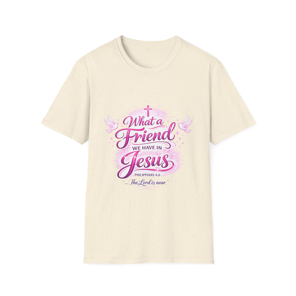 Christian T-Shirt — “What a Friend We Have in Jesus” Pink Faith Tee