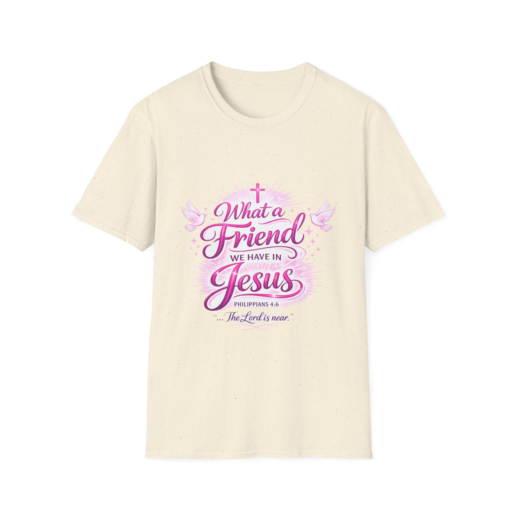 Christian T-Shirt — “What a Friend We Have in Jesus” Pink Faith Tee