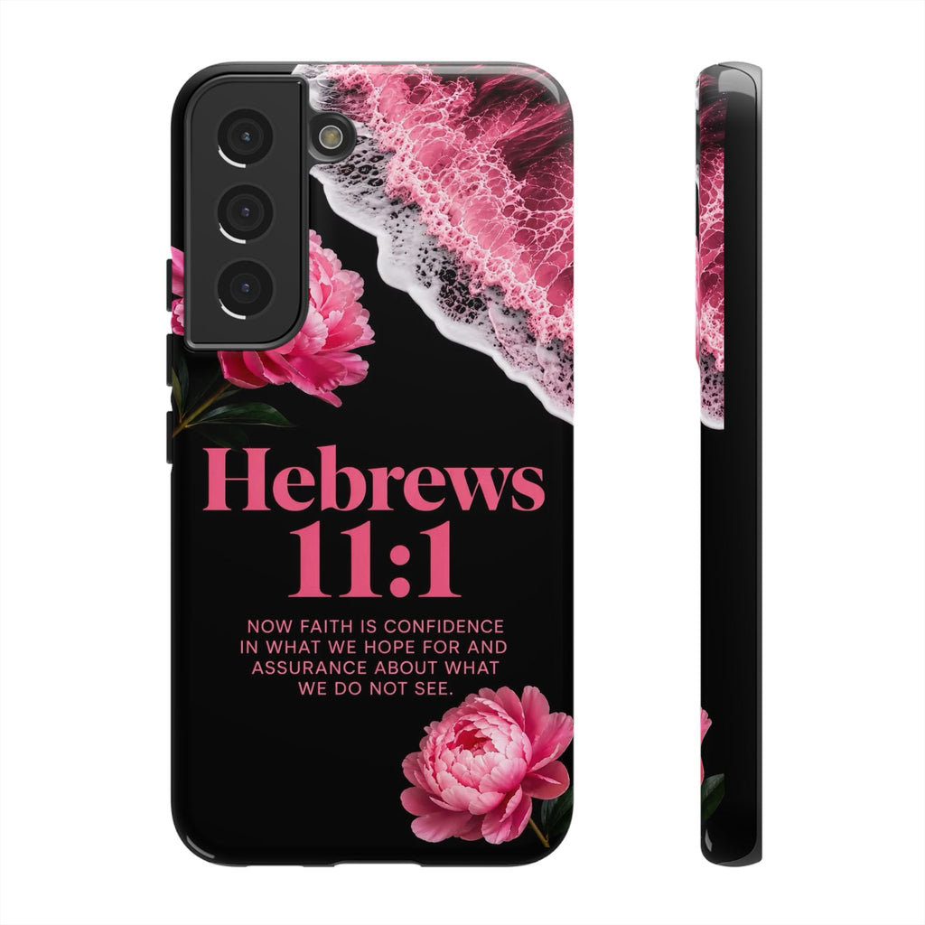 Bible Verses phone case -  Hebrews 11:1 Faith Phone Case — Pink Floral Scripture iPhone Cover