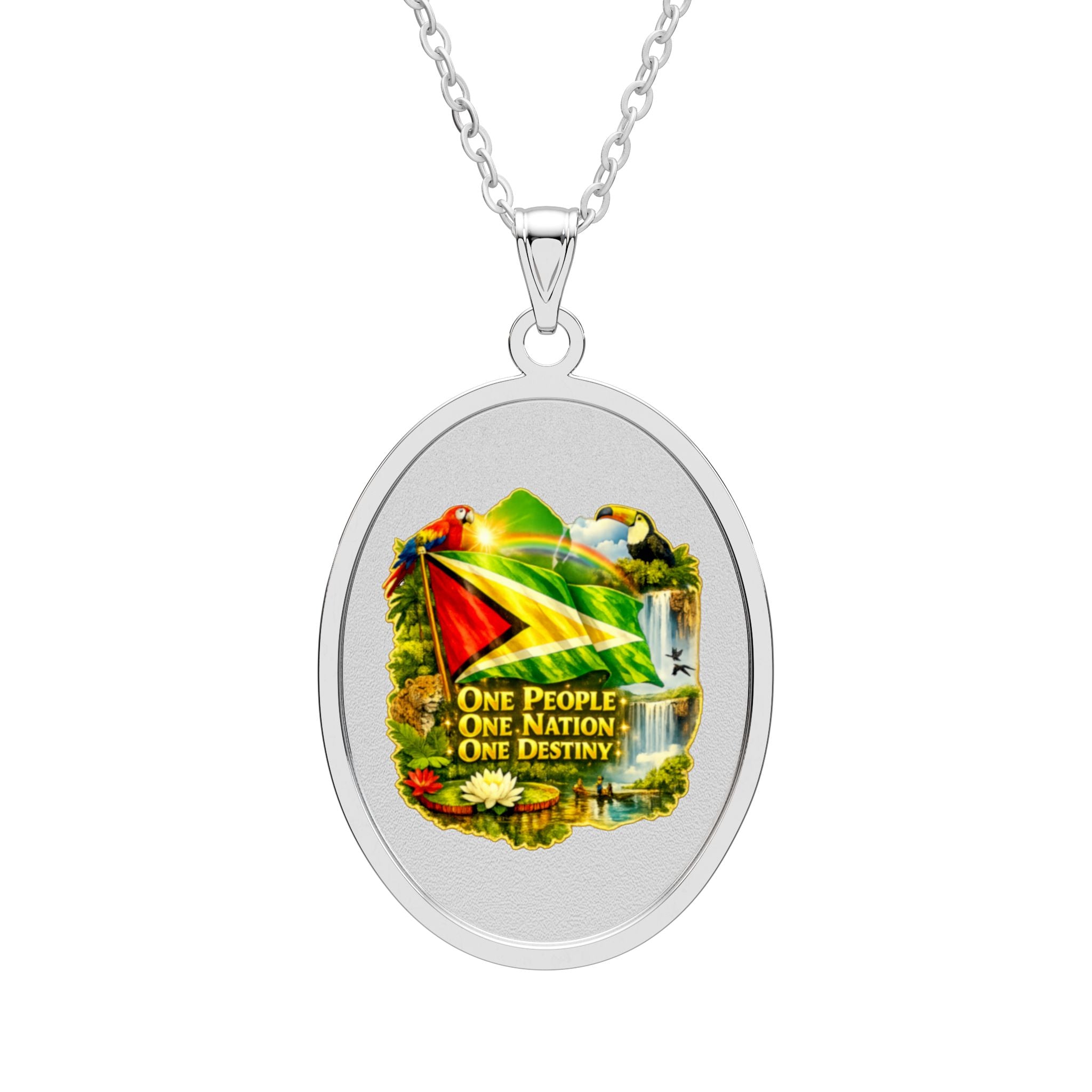 Guyana Flag Oval Pendant Necklace — “One People, One Nation, One Destiny” Memorial Jewelry