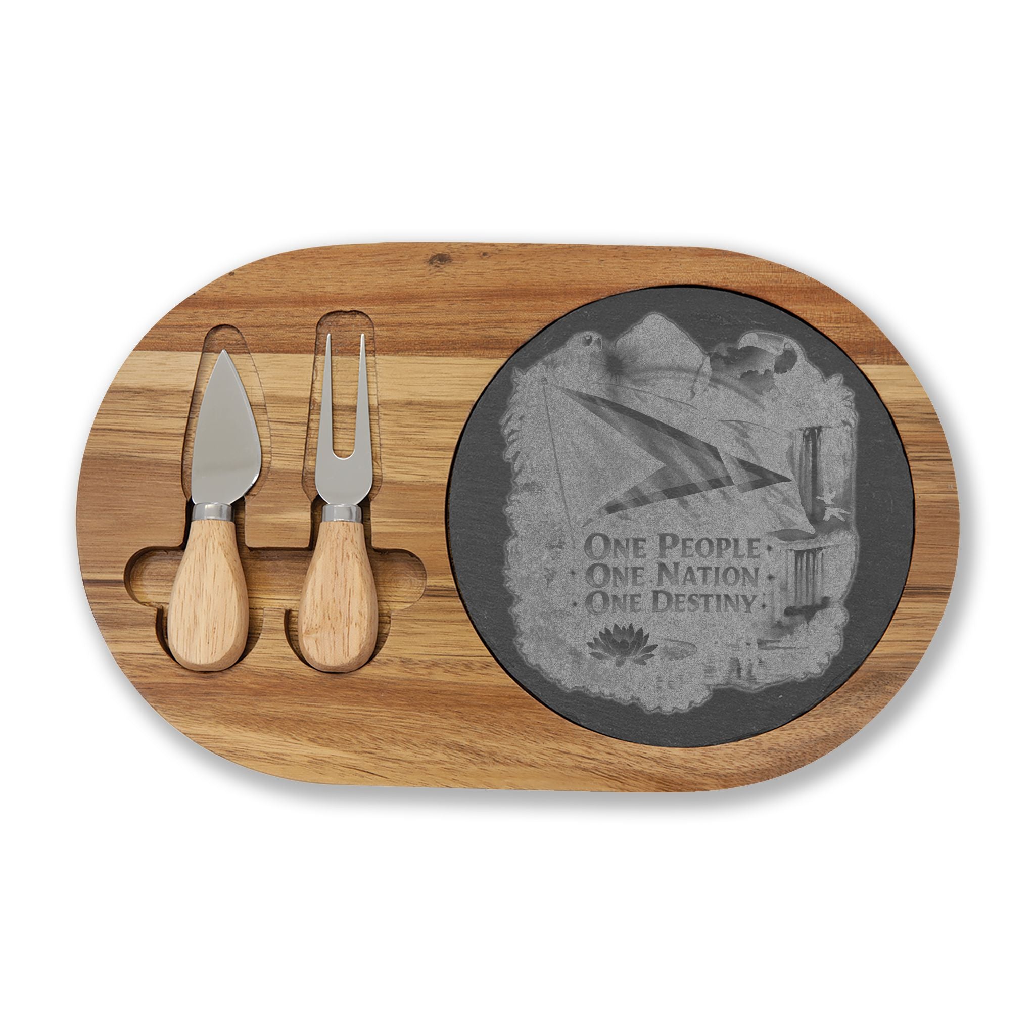 Engraved Acacia Charcuterie Board with Slate Insert & Cheese Tools