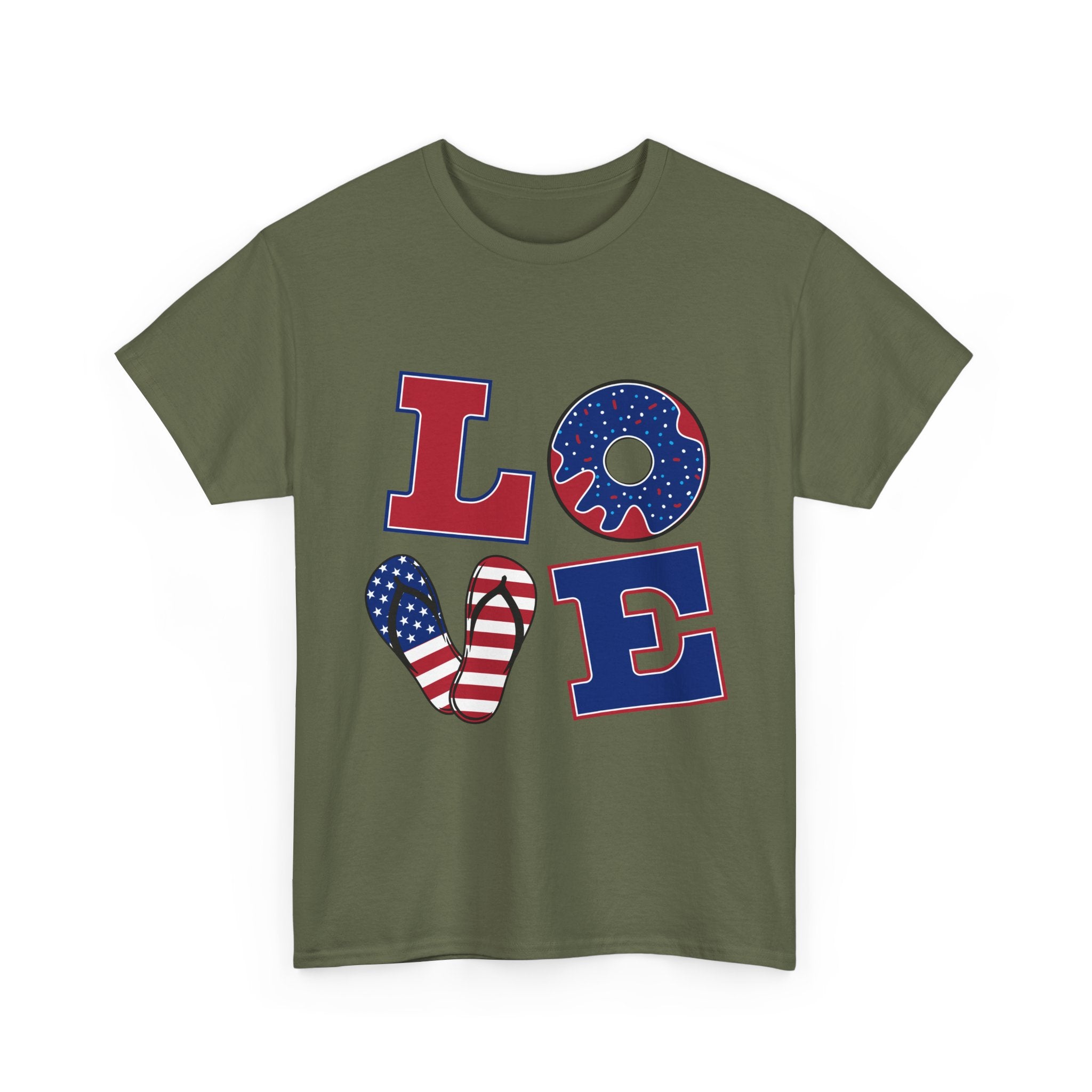 Patriotic LOVE T-Shirt — American Flag Donut & Flip-Flop Fourth of July Tee