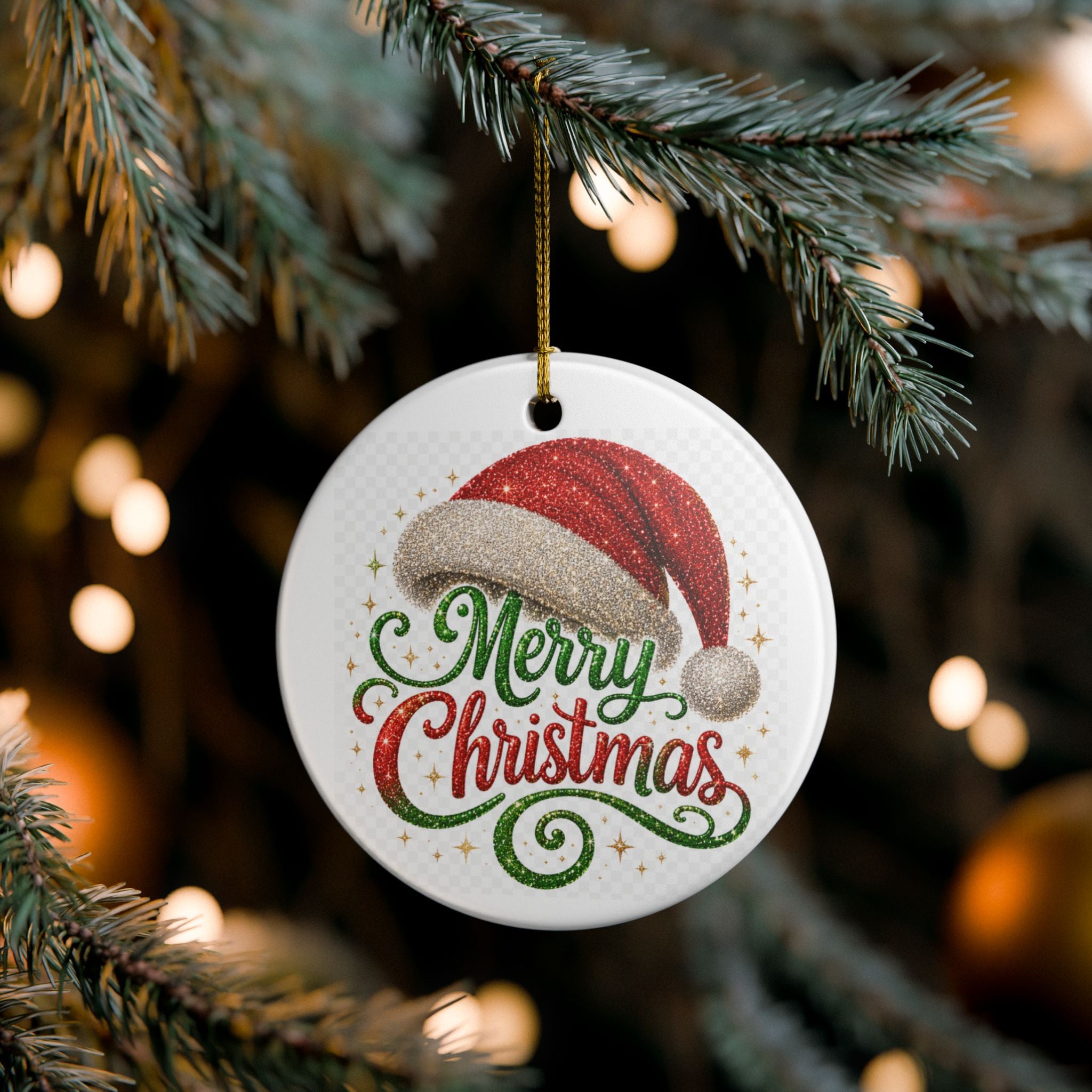 Circle Ceramic Ornament — “Merry Christmas” Santa Hat Holiday Decoration