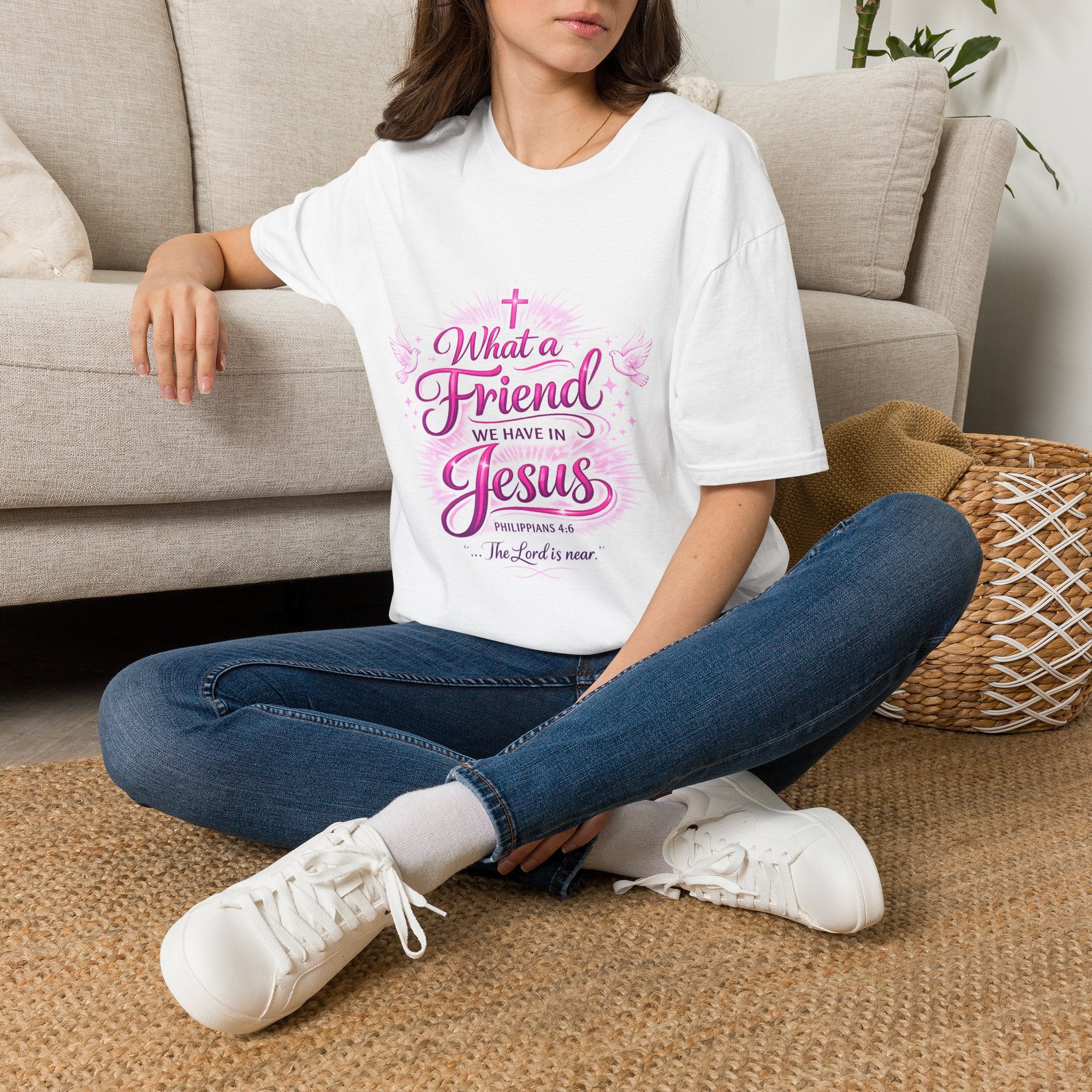 Christian T-Shirt — “What a Friend We Have in Jesus” Pink Faith Tee